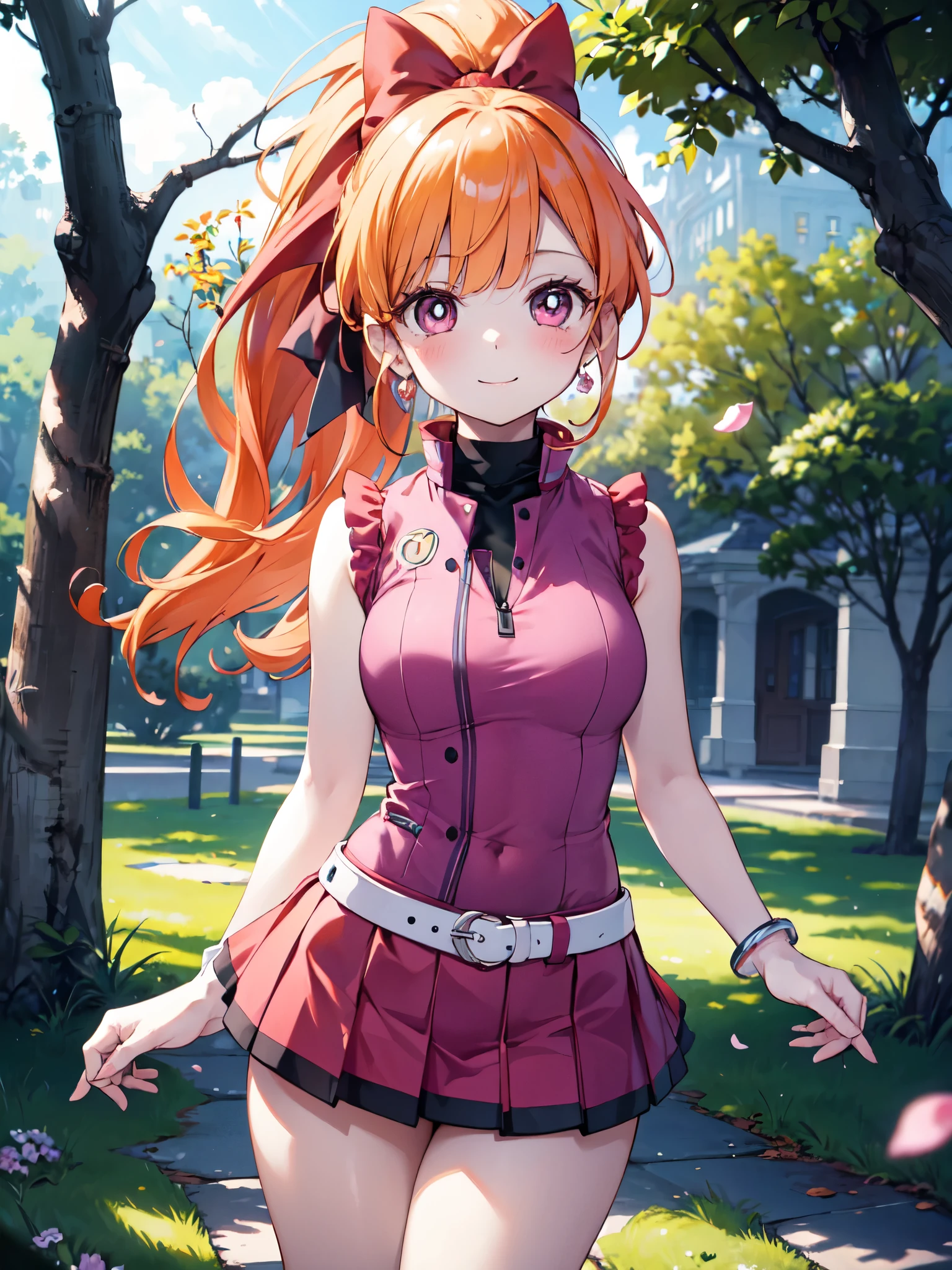 Realistic image, Detailed image, Coherent image, 1 girl, pink eyes, orange hair, long hair, styled in a ponytail, blushing, smiling, cheerful, She has a curvy body, medium breasts and thick thighs, She is wearing a sleeveless shirt, pleated miniskirt with embroidery, She is posing sensually, flower petals falling, view from bellow, soft focus, dramatic shadows, volumetric lighting, natural lighting, background of a park full of trees and flowers,hyperblossom