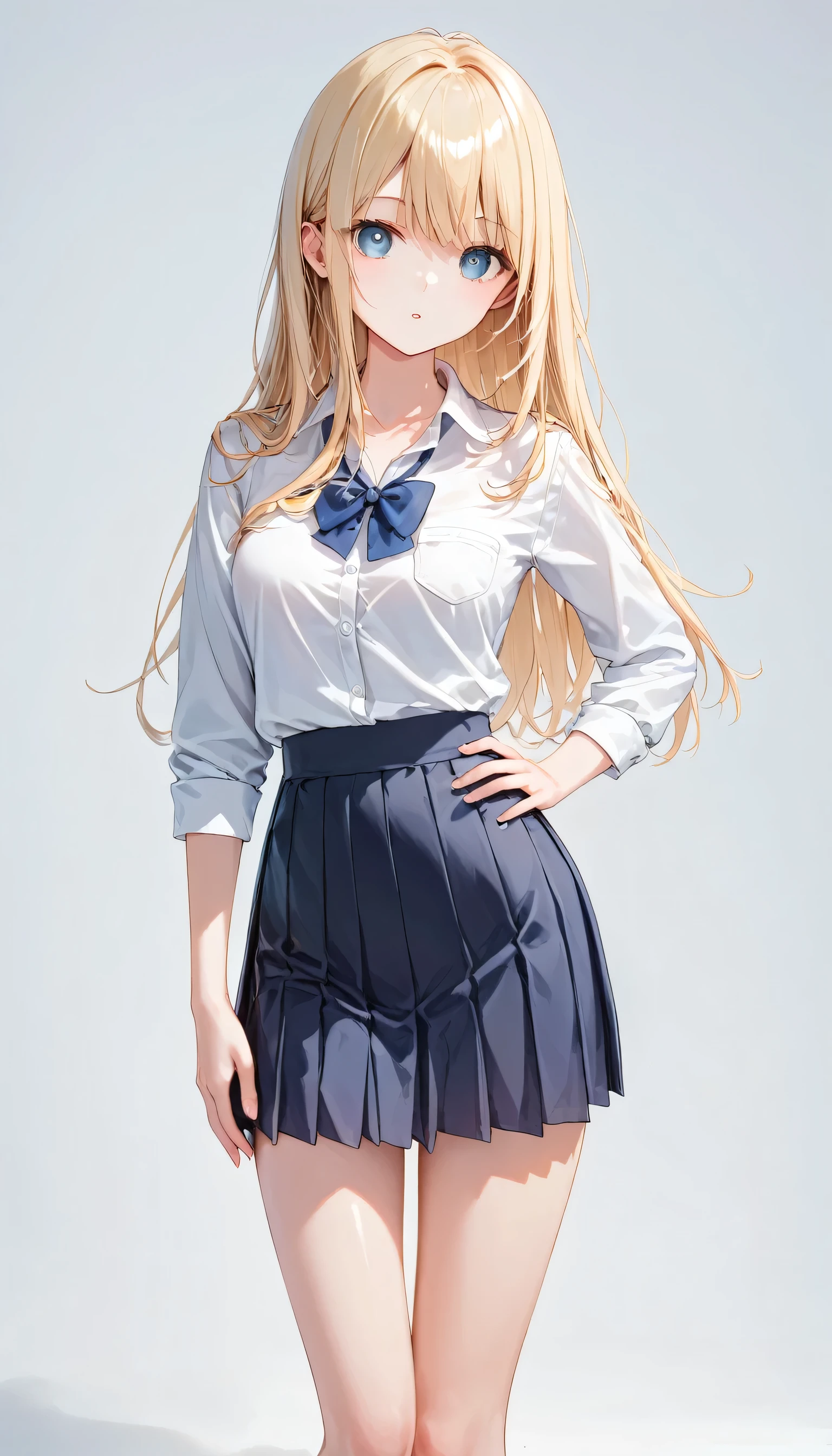 Score_9, Score_8_superior, Score_7_superior,sauce_anime, High-resolution images,masterpiece,Best Quality,girl,Cute Face,Beautiful Skin,Shiny Hair,Highly detailed eyes,Simple Background, Jojipan, Natural Blonde Hair,Long Hair,mini skirt, , Small body(White skin)、(Beautiful Skin)、(Slim body)、(Thin legs)、