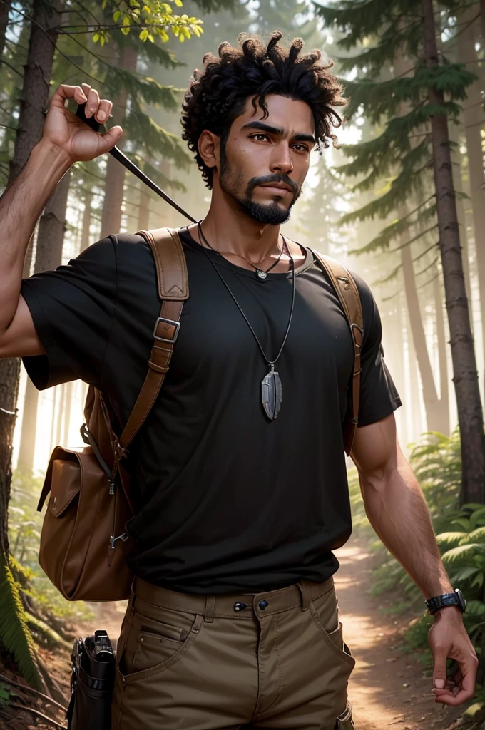 ((Realistic lighting, best qualtiy, 8K, tmasterpiece:1.3)), sharp fokus:1.2, of a guy，adventurer，explorer，closeup cleavage，Beautiful close-up((adventurer)),jungles,oases,giant and wet trees