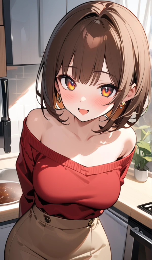 (One Girl),(Highest quality, 8k, Anatomically correct),((Brown Hair,Bobcut:1.1)), (Cute eyes, Dark Eyes,Shining Eyes),(Glowing Skin:1.1),(Healthy skin color:1.2),(Great atmosphere),Ultra-high resolution, Textured skin, Sparkle Effect, heart,Love love,


my grmother、Shiny brown hair, Short Hair, (Beautiful brown eyes、Shining Eyes, fine grain)、smile、Very detailed eyes、High resolution face, Highly detailed eyes,



Narrow waist, Raised to be sexy,Alone, looking at viewer, Open your mouth, Drink coffee,
 Shoulder, jewelry, clavicle, Side Lock, 
 Hairbs, Earrings, indoor, Off the shoulder, sweater, Arms behind back,
  plant, short hair  long locks, white Hairbs, Off the shoulderドレス, sweater ドレス, off-shoulder sweater, red sweater, Big side hair, Very long side hair,Processed (masterpiece: 1.2, Best Quality),  (Ultra-high resolution) And exquisite (Depth of written boundary). This masterpieceis not only visually stunning but also tells, Teaching cooking:1.3 ,In the kitchen