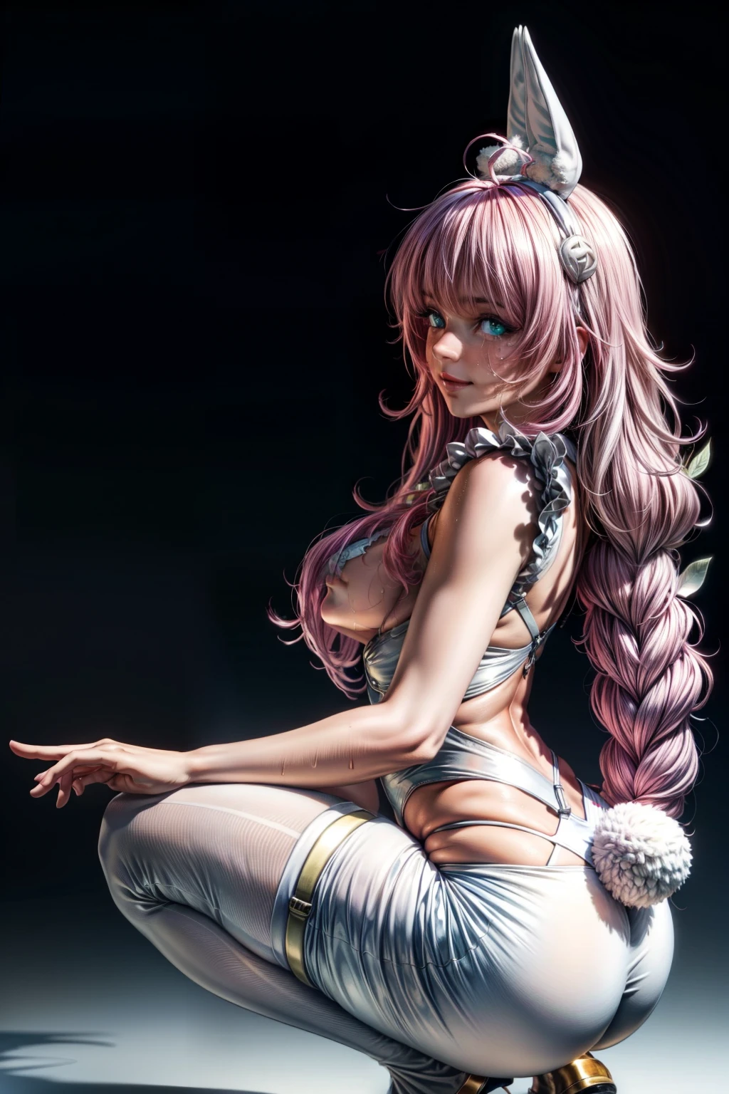 aalala, (pink hair), long hair, (green eyes), (medium breasts:1.2), thicc thighs, curvy hips, large ass, Plump,
BREAK, playboy bunny, rabbit ears, rabbit tail,
BREAK (sweaty:1.3), looking to the viewer, (smirk:1.2), squatting, (side view), from behind,
BREAK (masterpiece:1.2), sunlight, best quality, high resolution, unity 8k wallpaper, (illustration:0.8), (beautiful detailed eyes:1.6), extremely detailed face, perfect lighting, extremely detailed CG, (perfect anatomy),