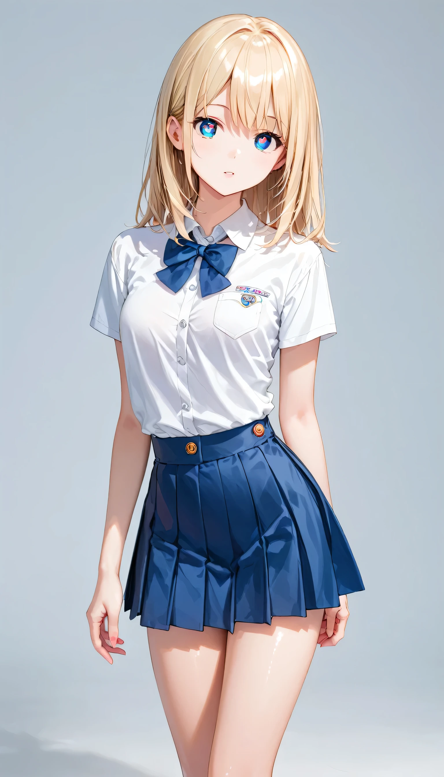 Score_9, Score_8_superior, Score_7_superior,sauce_anime, High-resolution images,masterpiece,Best Quality,girl,Cute Face,Beautiful Skin,Shiny Hair,Highly detailed eyes,Simple Background, Jojipan, Natural Blonde Hair,mini skirt, elementary school student, Small body(White skin)、(Beautiful Skin)、(Slim body)、(Thin legs)、