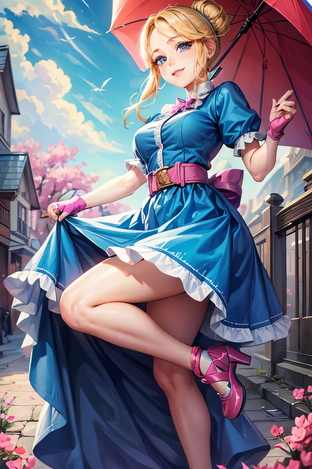 A girl with blonde hair wearing a blue dress and puffy sleeves, her hair is tied up in a bun. She is also wearing pink fingerless gloves, a pink belt, and blue footwear. The girl has a joyful expression on her face, with detailed and beautiful eyes, lips, and long eyelashes. The artwork is rendered in piperBS style, with high quality and ultra-detailed features. The colors are vivid and the lighting is balanced and natural. Carries a sniper umbrella.