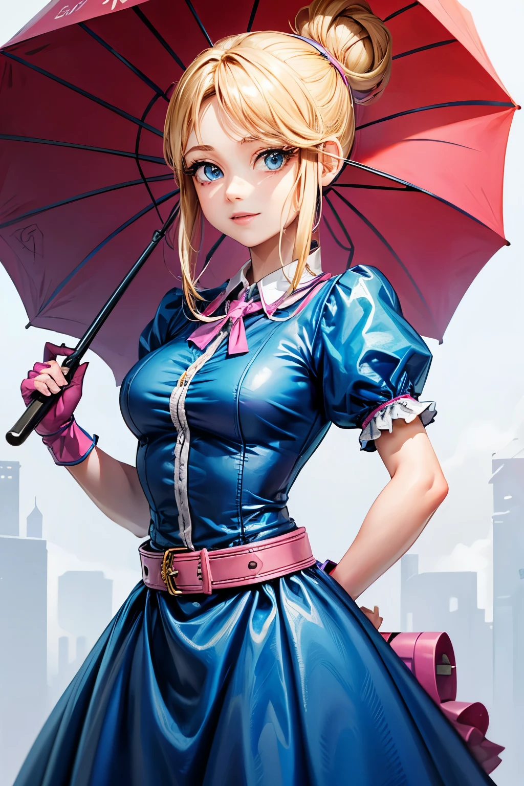 A girl with blonde hair wearing a blue dress and puffy sleeves, her hair is tied up in a bun. She is also wearing pink fingerless gloves, a pink belt, and blue footwear. The girl has a joyful expression on her face, with detailed and beautiful eyes, lips, and long eyelashes. The artwork is rendered in piperBS style, with high quality and ultra-detailed features. The colors are vivid and the lighting is balanced and natural. Carries a sniper umbrella.