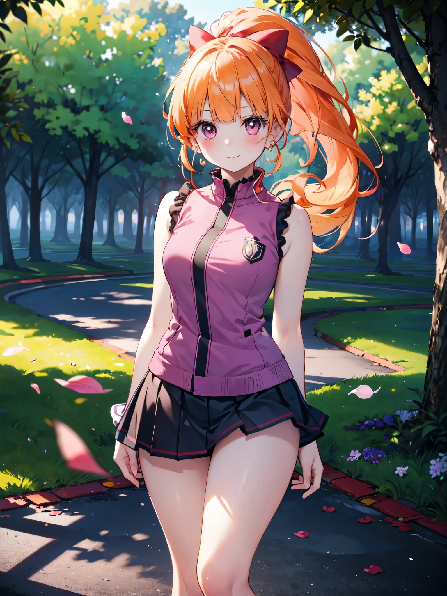 Realistic image, Detailed image, Coherent image, 1 girl, pink eyes, orange hair, long hair, styled in a ponytail, blushing, smiling, cheerful, She has a curvy body, medium breasts and thick thighs, She is wearing a sleeveless shirt, pleated miniskirt with embroidery, She is posing sensually, flower petals falling, view from bellow, soft focus, dramatic shadows, volumetric lighting, natural lighting, background of a park full of trees and flowers,hyperblossom