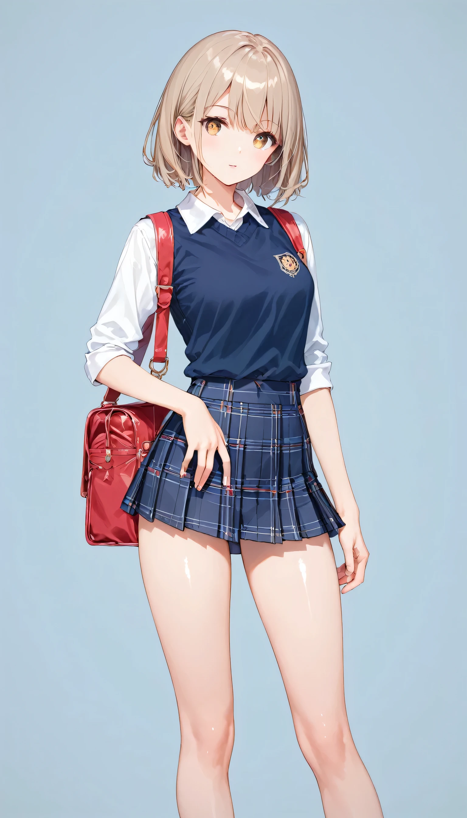 Score_9, Score_8_superior, Score_7_superior,sauce_anime, High-resolution images,masterpiece,Best Quality,girl,Cute Face,Beautiful Skin,Shiny Hair,Highly detailed eyes,Simple Background, Jojipan, Light Brown Hair,mini skirt, , Small body(White skin)、(Beautiful Skin)、(Slim body)、(Thin legs)、