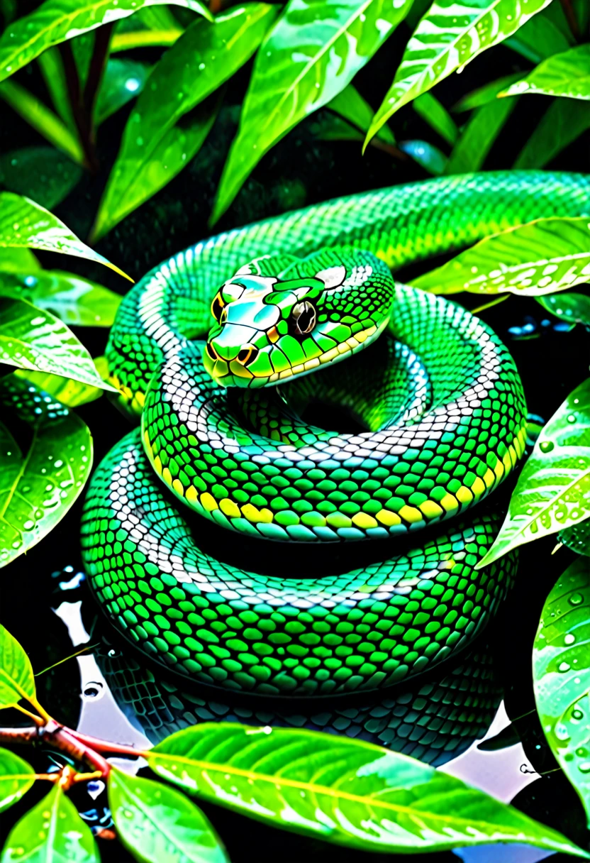 glossy iridescent green snake, fresh green leaves wet with dew, camouflage, 2.5D, digital graphic CG, artistic photography, hyper realistic, ultra detailed, absolutely resolution, best quality