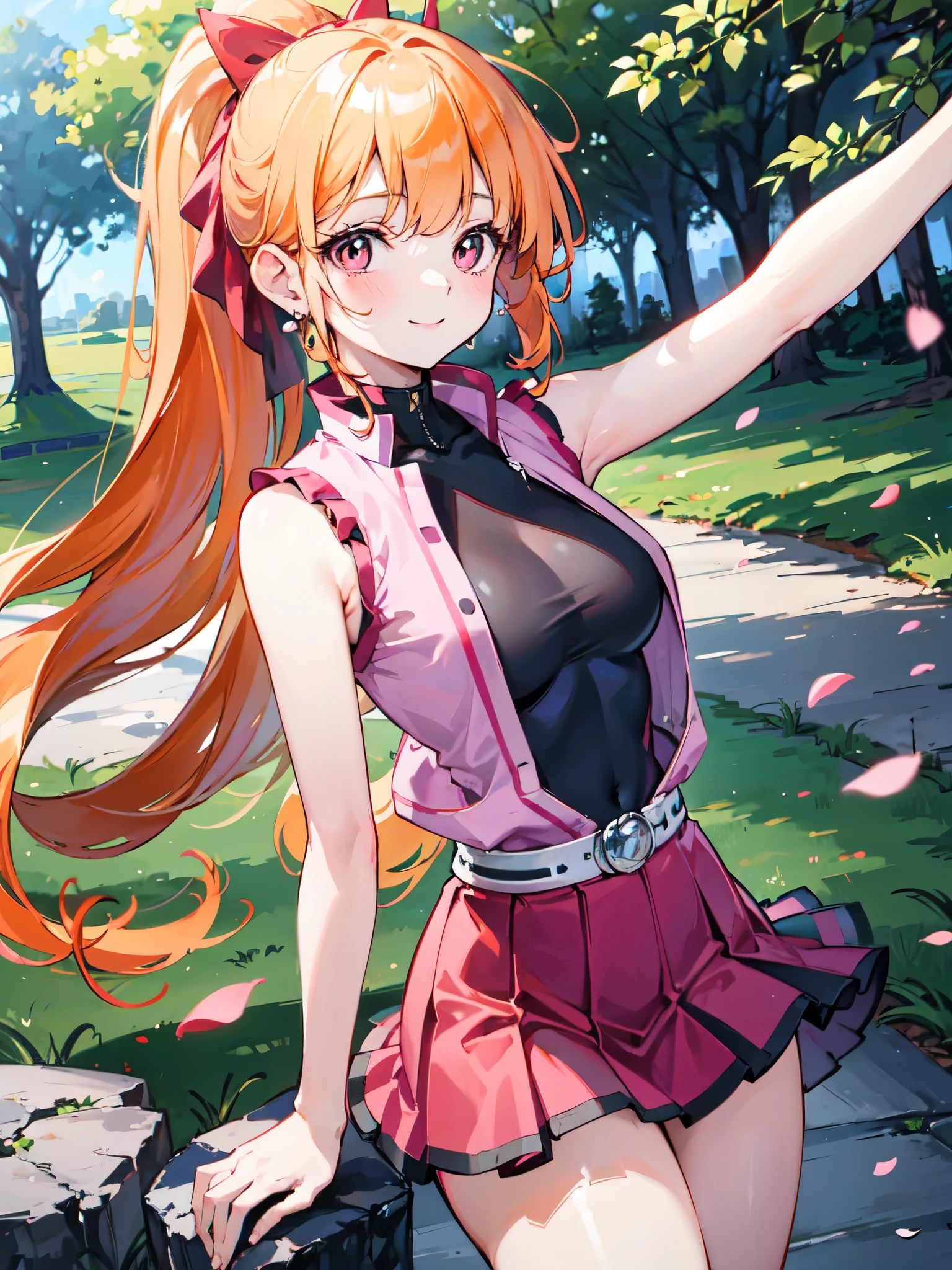 Realistic image, Detailed image, Coherent image, 1 girl, pink eyes, orange hair, long hair, styled in a ponytail, blushing, smiling, cheerful, She has a curvy body, medium breasts and thick thighs, She is wearing a sleeveless shirt, pleated miniskirt with embroidery, She is posing sensually, flower petals falling, soft focus, dramatic shadows, volumetric lighting, natural lighting, background of a park full of trees and flowers,hyperblossom