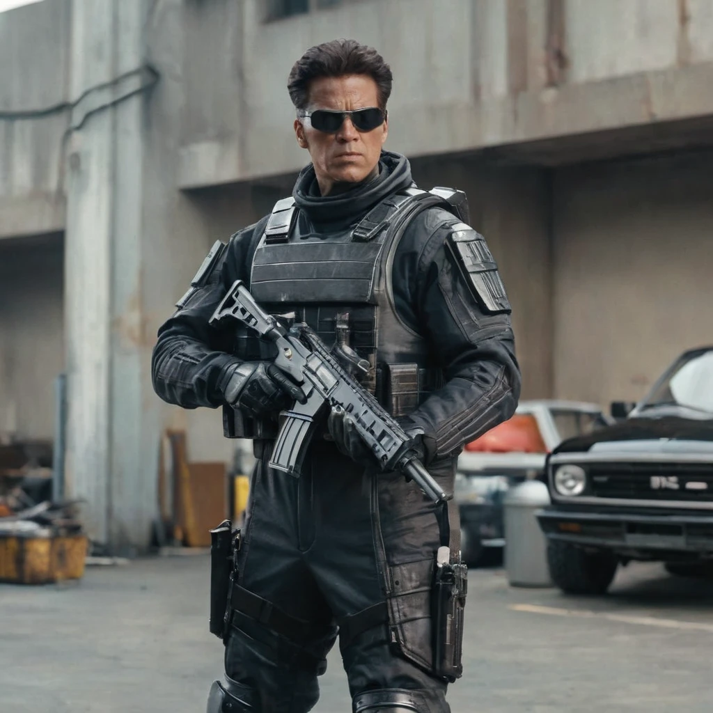 1985 action movie style, Sci-fi character with gun 
