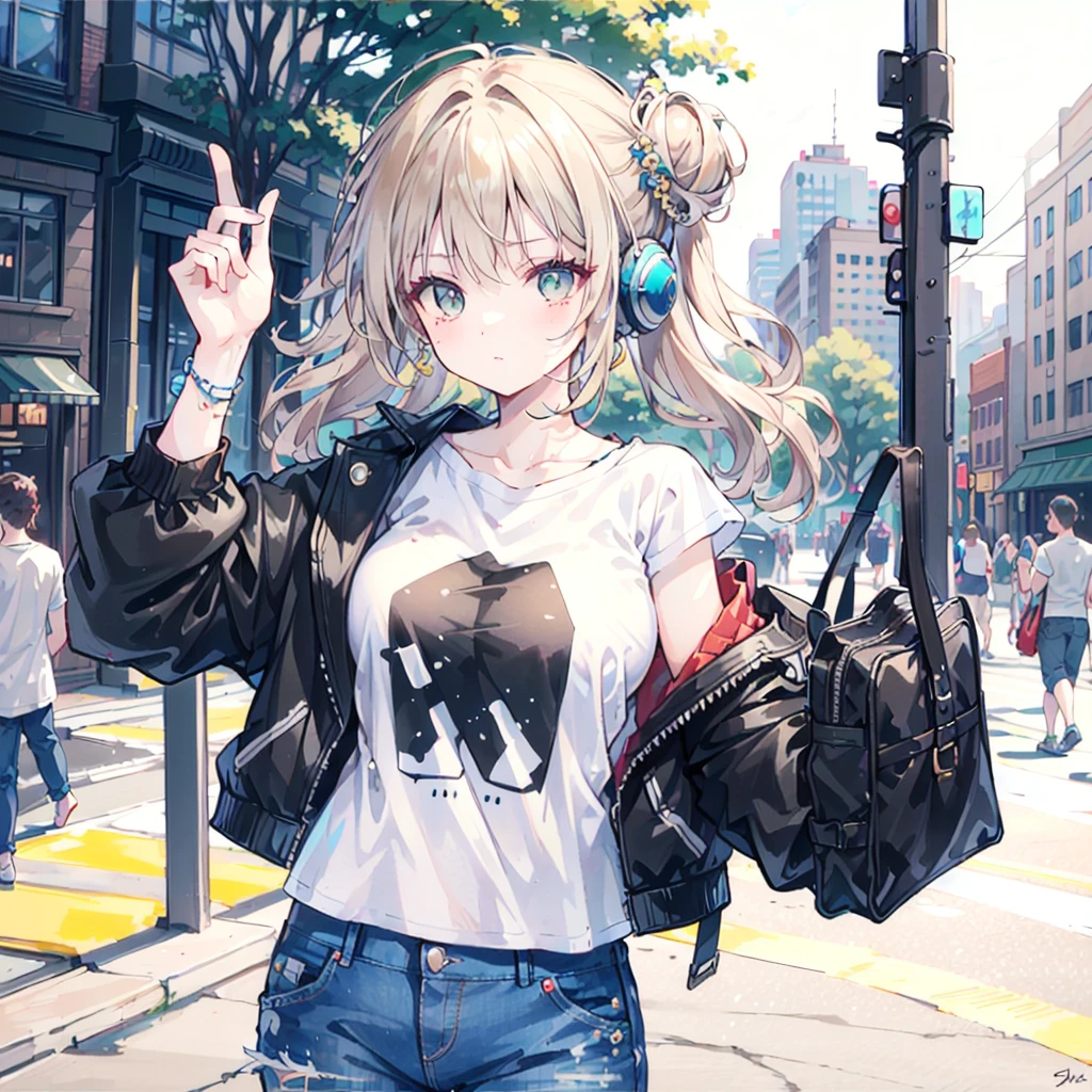 (masterpiece:1.2, best quality), 1. Ms., Solitary, Upper Body, Big , Chic and avant-garde leather jacket with white T-shirt and ripped jeans，Light makeup and messy bun，Confident and relaxed (Music festivals or trendy downtown neighborhoods) Statement sunglasses and large jewelry, Comes with a convenient crossbody bag
