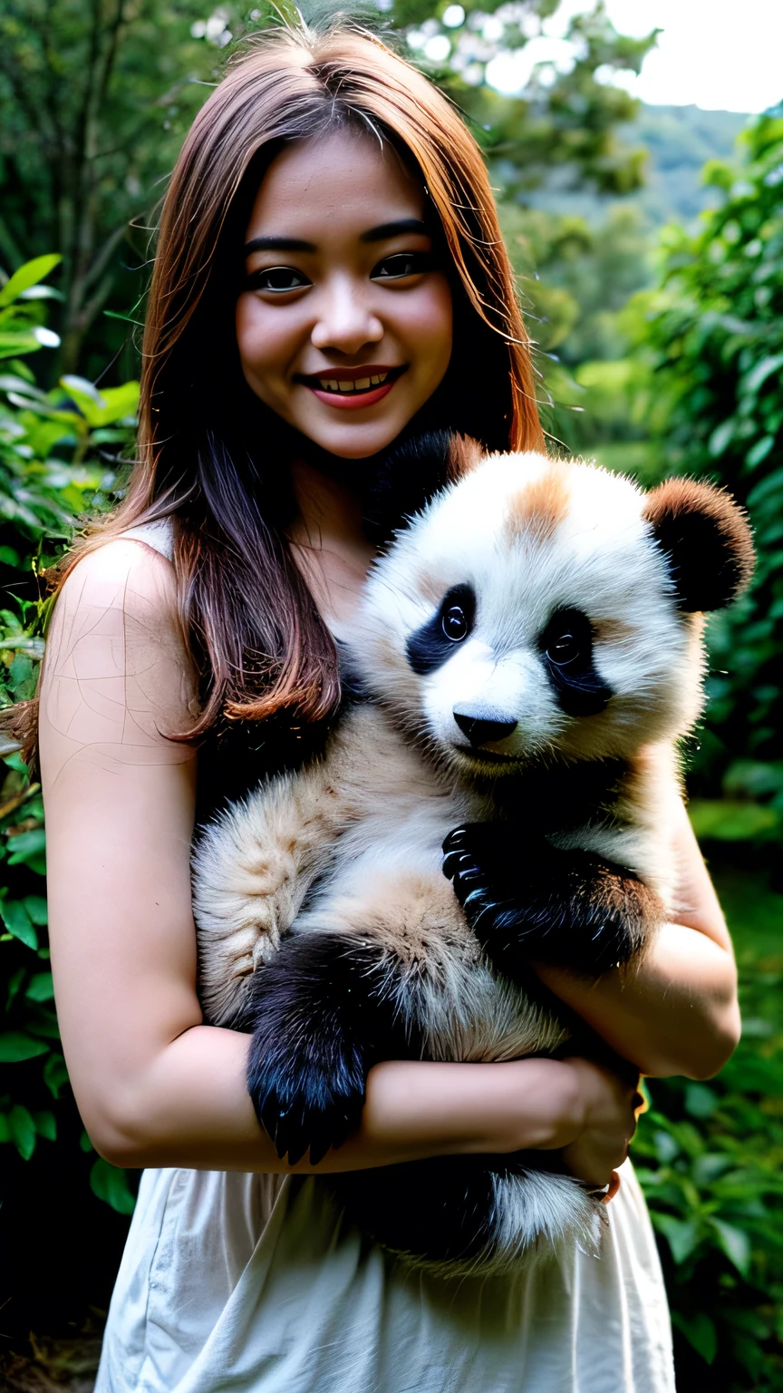 Masterpieces, top quality, photo-realistic, A girl, Japanese, smiling face, naked, Panda cub in his arms, In front of a crowd, portrait