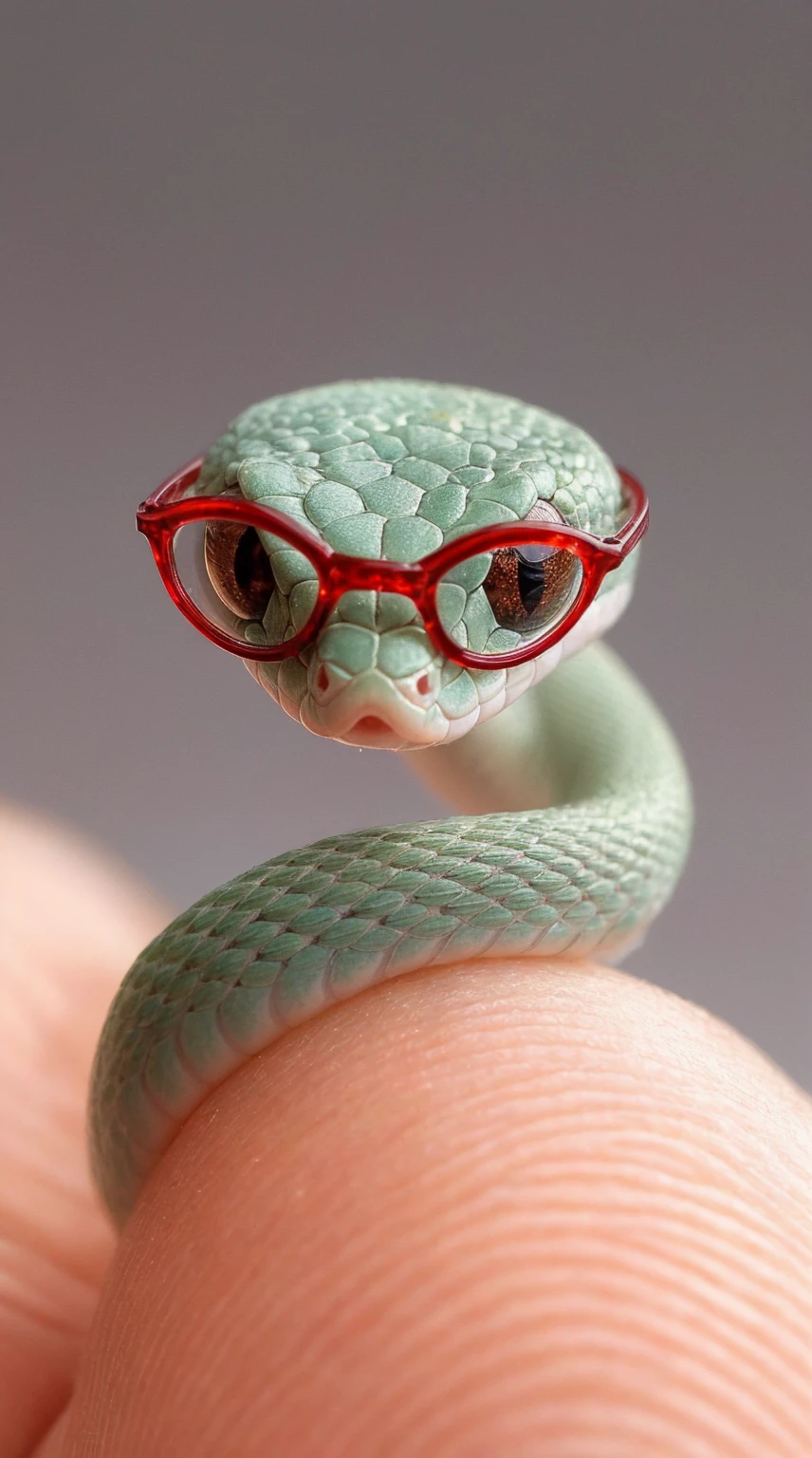 a tiny green snake coiled around a person's finger, the snake wearing red framed glasses, cute, macro photography, hyper detailed, 8k, high resolution, photorealistic, cinematic lighting, vibrant colors, intricate details