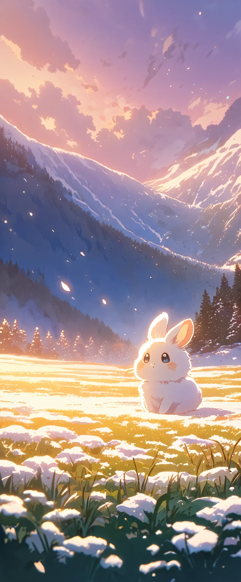 Create a close-up, animated illustration of a fluffy baby bunny sitting in a field . Emphasize the soft fur, big eyes, and twitching nose of the bunny. The background should be a gentle, highlighting the cuteness and innocence of the baby bunny, by makoto shinkai, anime beautiful peace , beautiful anime scene, anime background art, anime , anime countryside , anime art 4 k , anime art  4k, beautiful anime scenery, anime art 8 k, amazing  , Winter , Snow , Cold 