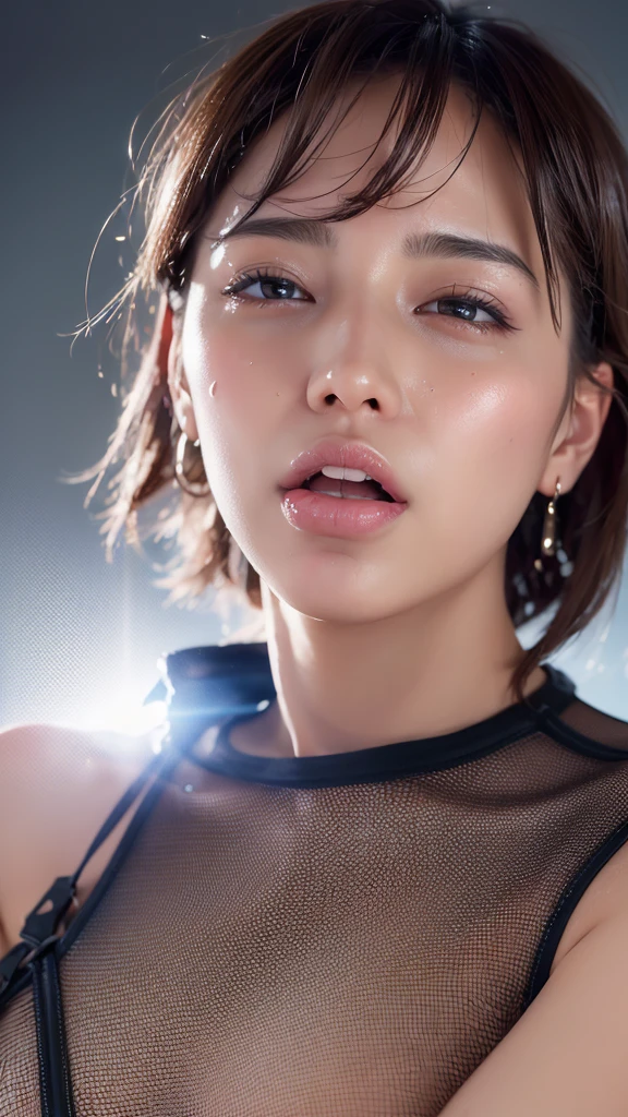 photo-realistic, surreal, cinematic lighting, 32K, 1 girl, look up, Backlight, (bright light:1.2), (Improvement of quality:1.4), (Highest quality realistic textured skin:1.4), detailed eyes, detailed face, short hair, ,cowgirl position,from below,sweat,wet, (Enhances the beauty of skin texture:1.1), matte texture, blush, sweat, open mouth, rolling eyes, tears, tongue out, saliva, saliva trail, parted lips, seductive smile