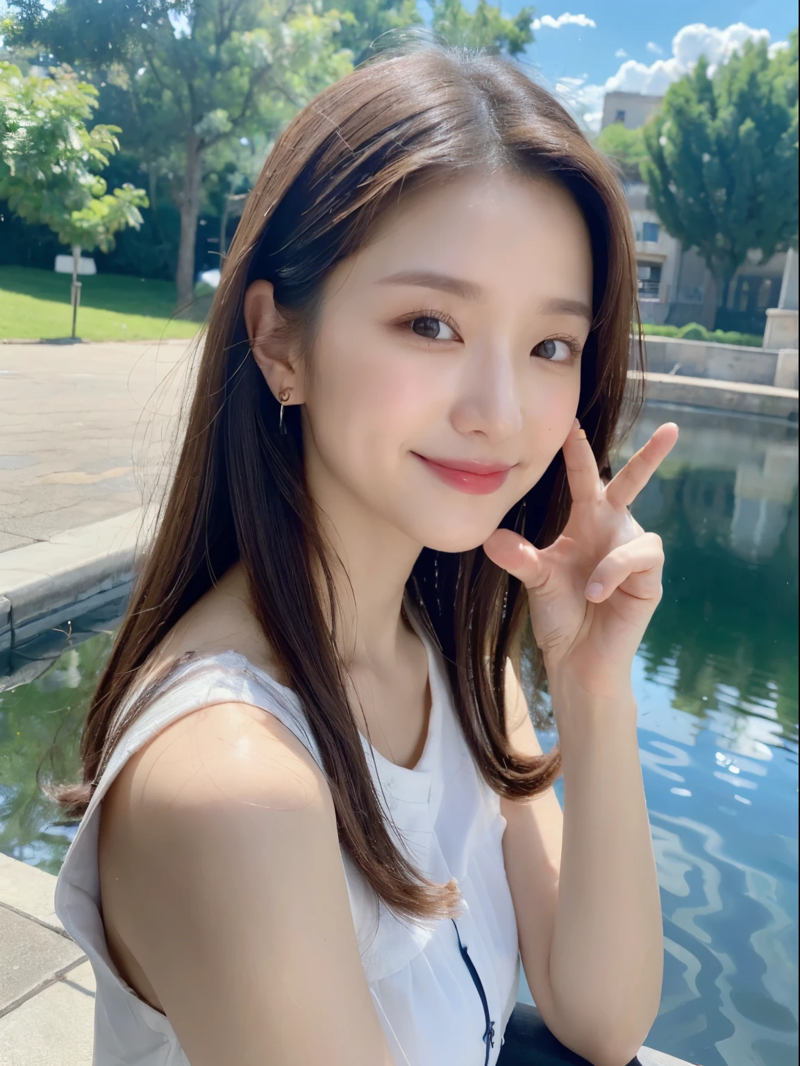 (8k, Best Quality, Masterpiece:1.2), (Realistic, Photorealistic:1.37), Ultra Detailed, 1 Girl,Cute,Solo,Beautiful Detailed Sky,Date,(Blush),(Smile:1.15),(Closed Mouth)Small breasts,Beautiful detailed eyes,(Long hair: 1.2),Floating hair NovaFrogStyle, Blue bikini, All fours, Sideways,