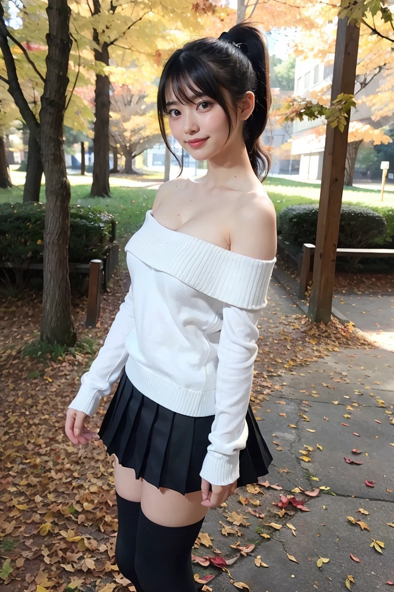 (extremely detailed face), grin, 1girl, (fluffy ponytail hair), young woman, 20yo, Very fine and delicate eyes, shiny lips, ((perl skin)), looking at viewer, (huge breasts, cleavage), standing position, full body, BREAK (((offshoulder white knit))), indoors, beautiful long legs, ((above knee length black pleats skirt, black knee high socks)), beautiful hip line, (best quality), 8K, (realistic), ultra high res, extreme detailed, masterpiece, cinematic lighting, autumn, autumn leaves, in park