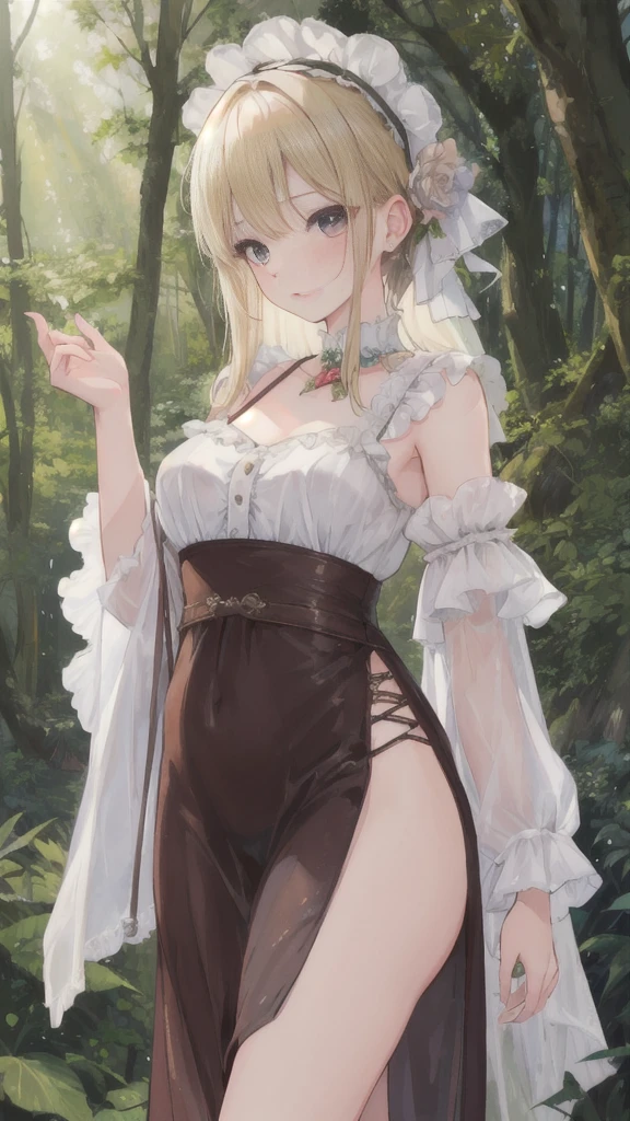 (8K、Raw photo、highest quality、masterpiece:1.2)、(realistic、Photoreal)、1 girl、((white dress、See-through、in the forest、sandals、bionde、I can see your feet、stand with hands on hips、belt、big breasts、Seen from the front、stand with legs apart、、lots of eyelashes、Glitter on your eyelids、skeletally correct、smile、standing with hands on hips、Exposing the breasts、Bare your breasts、Very large breasts