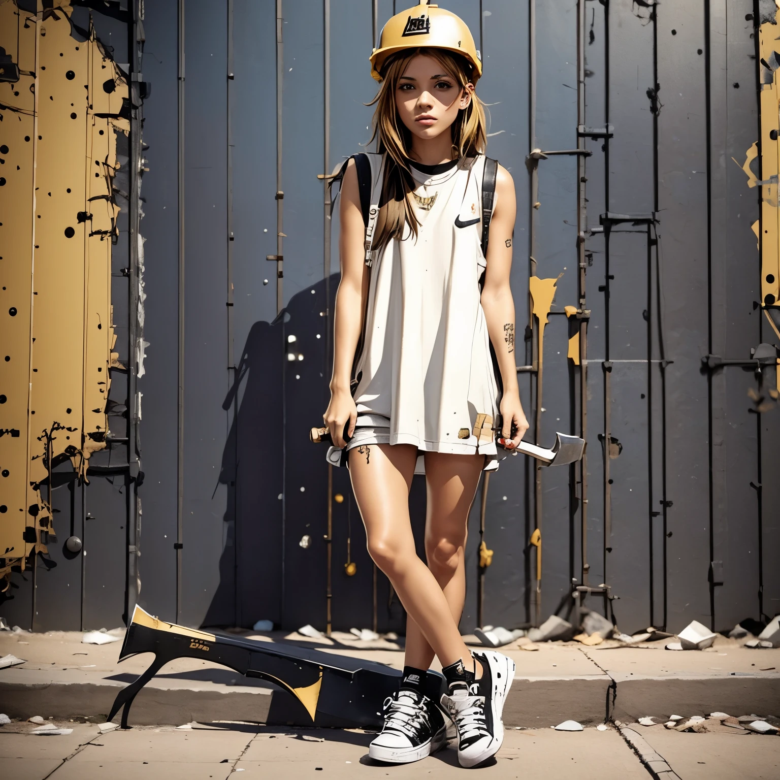 grunge style A BEAUTIFUL MODEL WEARING A WHITE MINI DRESS, NIKE SNEAKERS AND A GOLDEN MINING HELMET HOLDING A PICKAXE . textured, distressed, vintage, edgy, punk rock vibe, dirty, noisy