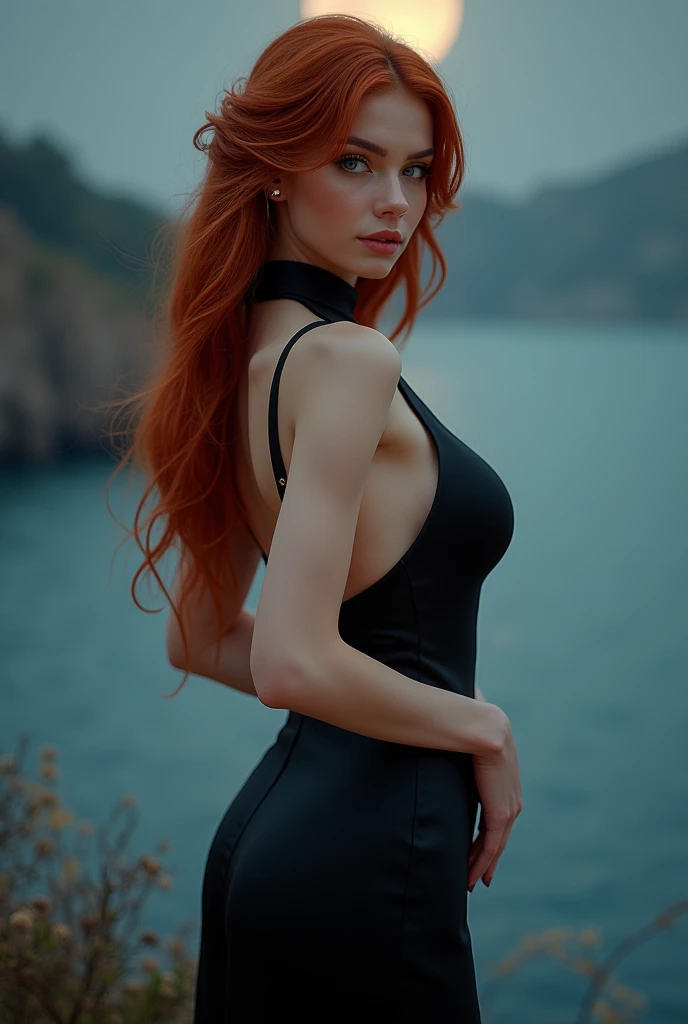portrait of a red-haired woman of 26 years, slim silhouette, in nightie, shyness, seduction, romanticism, open mouth, loving gaze, goosebumps, on an overhang rock, lake in the background, sunset, photorealistic, photographic, masterpiece, realistic, realism, photorealism, high contrast, trendy photorealistic digital art on Artstation 8k HD realistic high definition detailed, detailed, skin texture, hyper detailed, realistic skin texture, best quality, ultra high resolution, (photorealistic: 1.4),, high resolution, detailed, raw photo, sharp re, by Lee Jeffries Nikon D850 film Stock Photography 4 Kodak Portra 400 F1.6 camera rich lens colors texture hyper realistic dramatic lighting Unrealengine trending in ArtStation Cinestill 800, no text