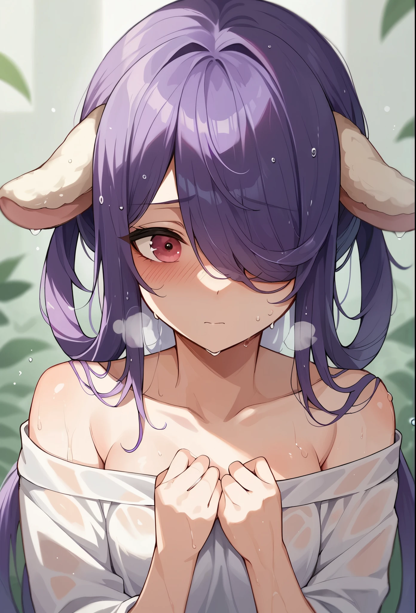 (young :1.3),furry,long hair,white fur,white rabbit ears,rabbit tails,pubic fur,neck fur,naked,show armpits,plain background,sparkling star background,light and shadow,raining,wet hair,wet body,soak armpits,looking at viewer,desire face,full face blush,smile,fangs,open mouth,very hot,heavy breath,armpits steam,upper body only,shiny armpits,front view