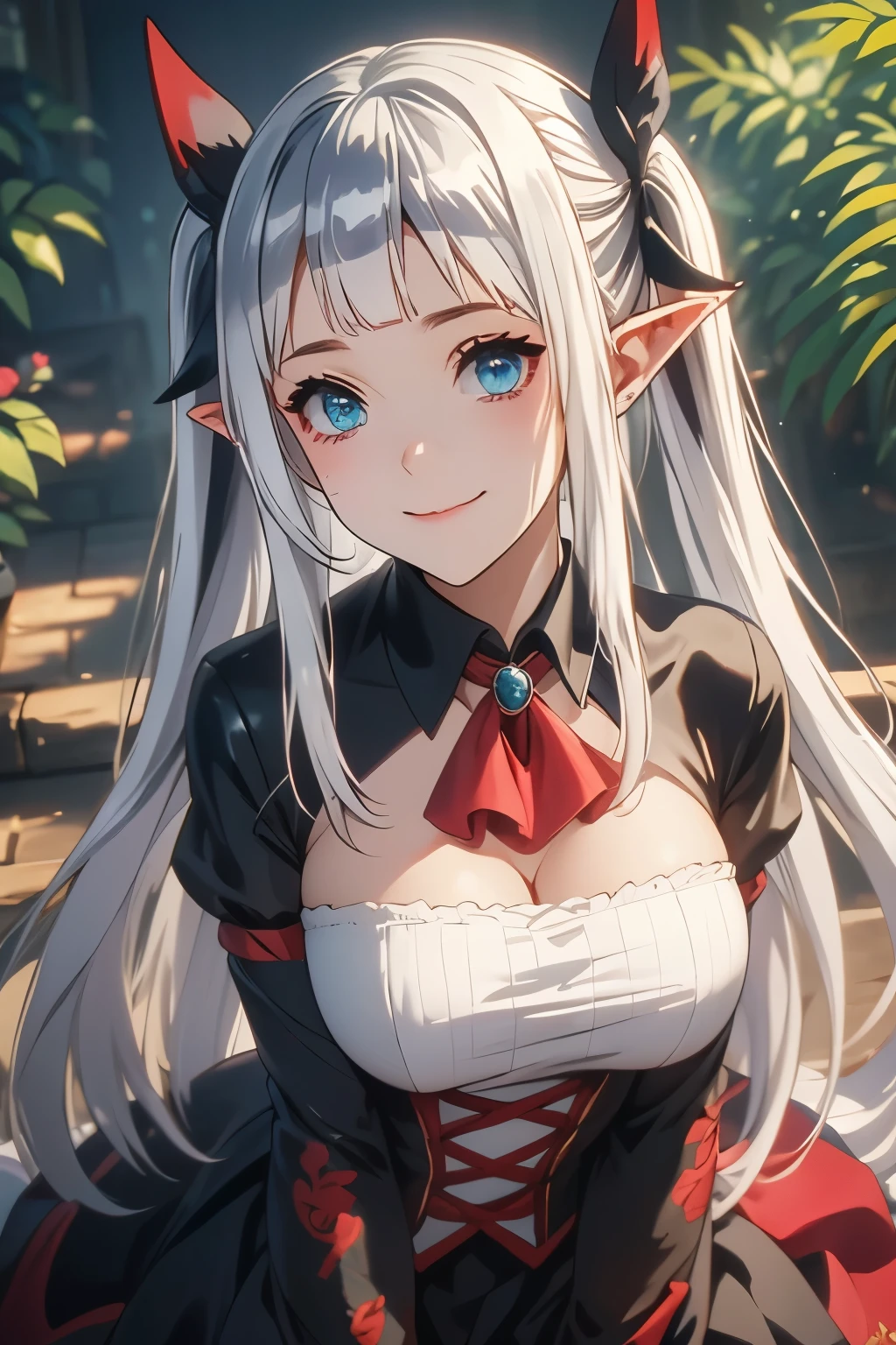 （（（ＳＦＷ、sound、Highest quality、first-clasasterpiece、Normal body、8k、Detailed face、Ultra-precision、Normal hand、Normal finger、５finger、Highest）））、A Laid-Back Farm in Another World、Lucy Lu、Vampire Princess、Vampire Princess、Great Sage Lulushi、Silver Hair、Long Hair、Twin tails、Full body view、smile、Rear view、turn around、Meeting, meeting and connecting