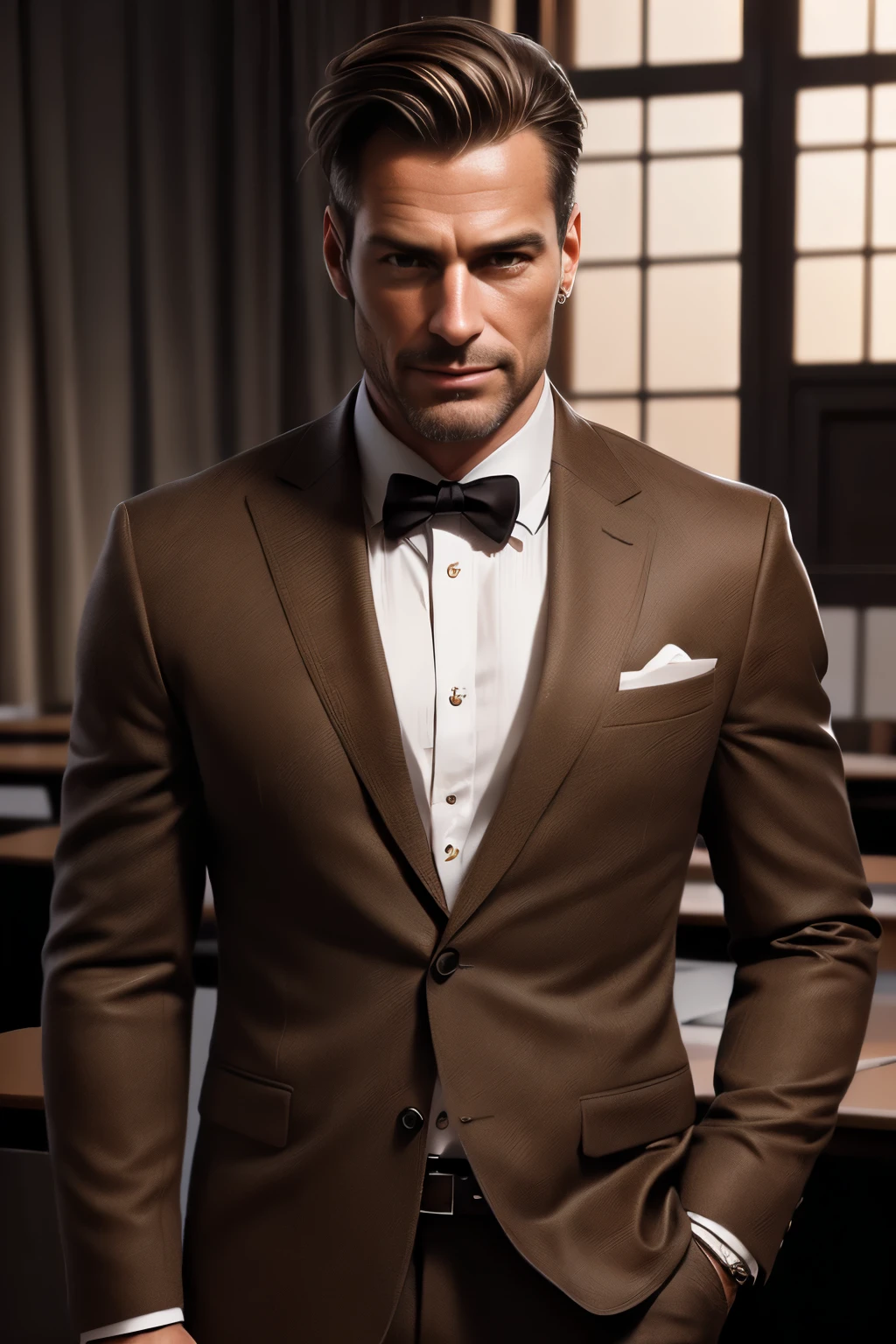 handsome male, 50 year old man, attractive, with an elegant suit, in a classroom, (brown hair with some white streaks), extremely detailed face, hyper detailed, realistic, photorealistic, 8k, high quality, studio lighting, detailed male body