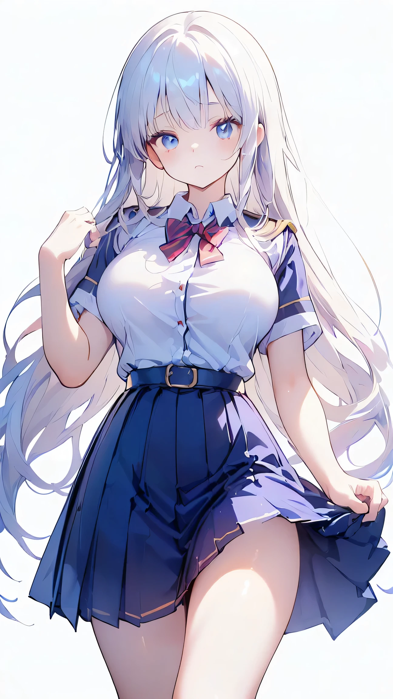 Ultra-high resolution, 8k,high quality,(((Extra low length,Skinny body)),cowboy shot , ((no hat:1.3))),Slender,Cute hairstyle,,(iridescent light,soft shadow,Anime Painting,thin line drawing),(((((super enormous cartoon-like breasts,,(((Student Uniform,under view))),Simple Background,Young)))))Girl、