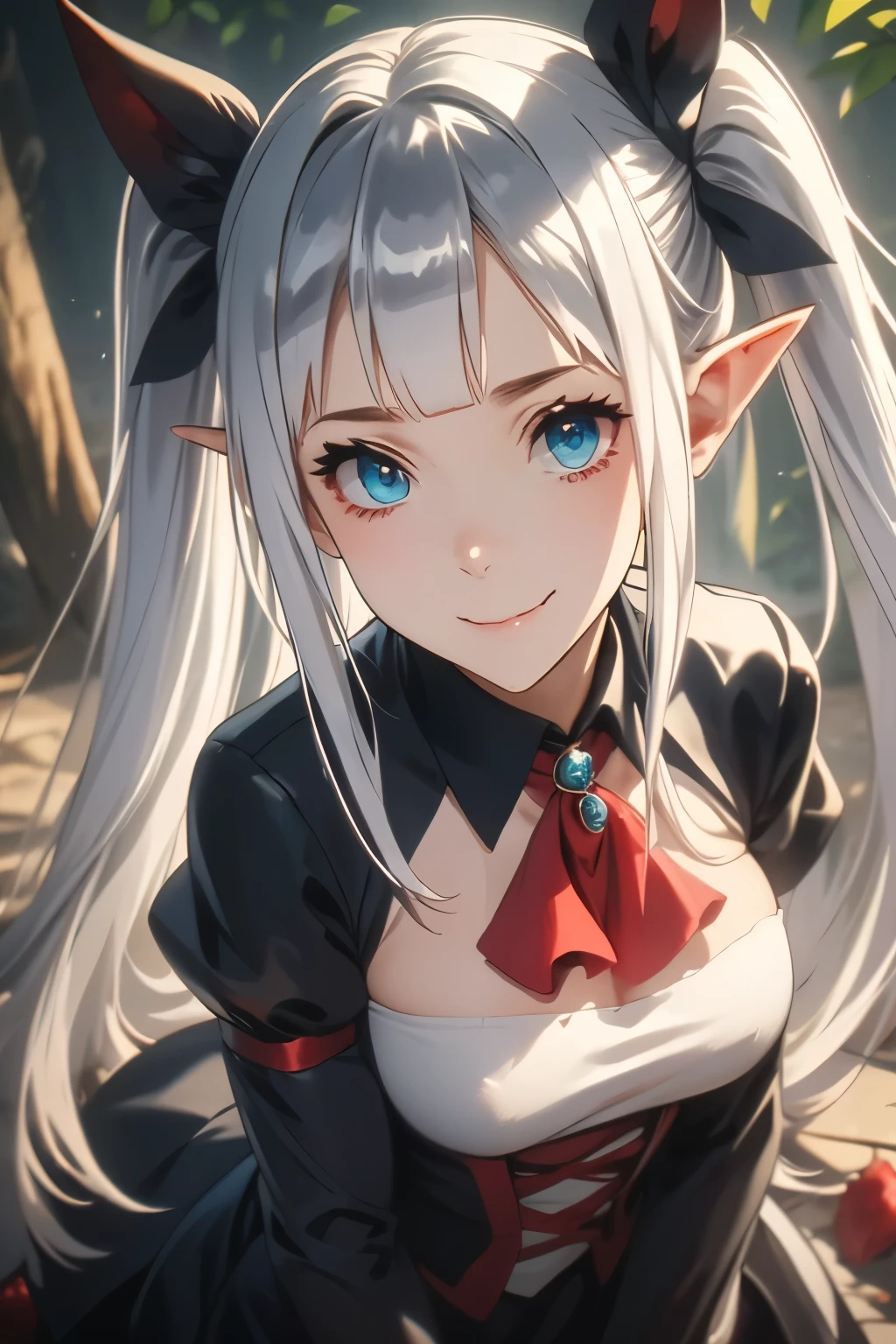 （（（ＳＦＷ、sound、Highest quality、first-clasasterpiece、Normal body、8k、Detailed face、Ultra-precision、Normal hand、Normal finger、５finger、Highest）））、A Laid-Back Farm in Another World、Lucy Lu、Vampire Princess、Vampire Princess、Great Sage Lulushi、Silver Hair、Long Hair、Twin tails、Full body view、smile、Rear view、turn around、Meeting, meeting and connecting、笑えば周りもsmileになる