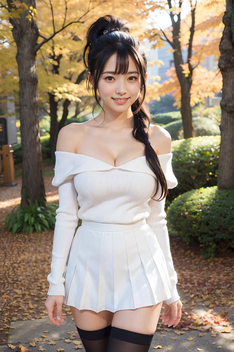 (uhd, masterpiece, anatomically correct, textured skin, super detail, best quality, highres, 8k, bloom, Front Light:1.2, Perfect dynamic composition),(((Thigh-high boots)))、((White and blue lace-up costume))、((Twin tails with big ribbons))、((Soaked clothes))、(Arms outstretched)、((Nipple Covers))、((slit)、)(Keiko Kitagawa)、(chest) (24-years-old, 1 person, Cute and sexy), (Sexy Face, Long face, distant eyes, Gentle eyelids, Thin eyebrows, Gentle corners of the eyes, Hawk-like nose), (Gal Makeup), (eyeliner), (completely charm you), (Eyes that feel erotic), (A taste of beautiful eroticism), (Too cute beauty), (Captivating smile:1.0), (Light Brown Hair:1.4), (Long Hair, Inward curled hair, bangs, Smooth Hair), (Tight sleeveless wear:1.3), (White tight skirt:1.2), (Black knee-high socks:1.3), (Voluptuous Breasts), Golf course, grass, blue sky, Asahi, forest, fairway,, (arm behind back:1.5), (Cowboy Shot:1.3), (Taken from the front), (Looking at the camera), Keiko Kitagawa、Belly button、Big earrings