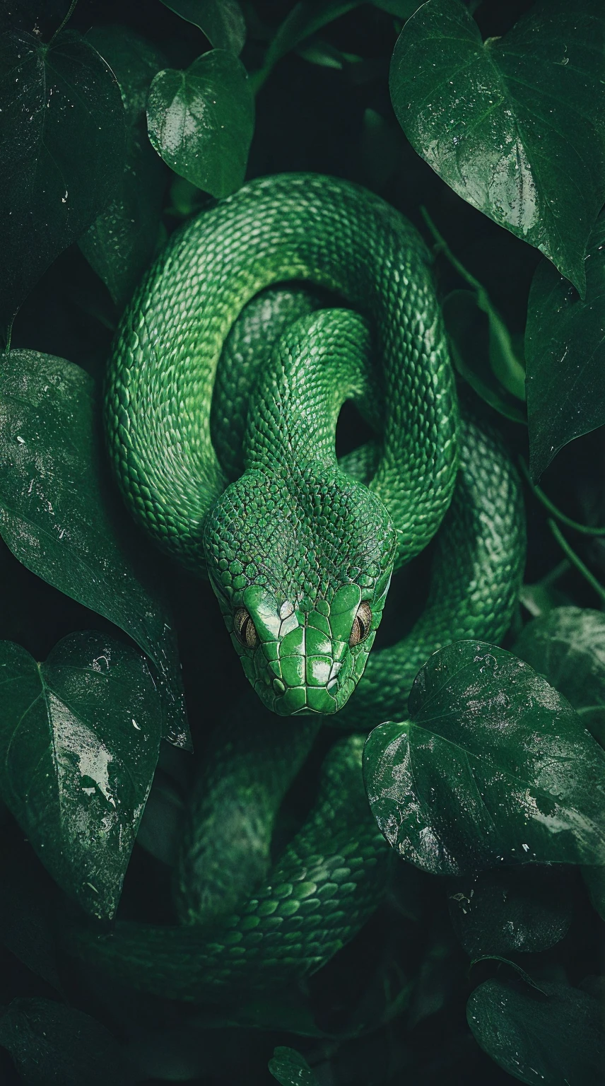 a green snake, detailed scales, coiled body, wildlife, nature, forest, photorealistic, 8k, high quality, beautiful colors, dynamic lighting, intricate details, ultra-realistic, professional photography, vivid, stunning realism, exquisitely detailed scales, mesmerizing patterns, captivating gaze, lifelike textures, natural environment, lush foliage, dappled sunlight, seamless integration