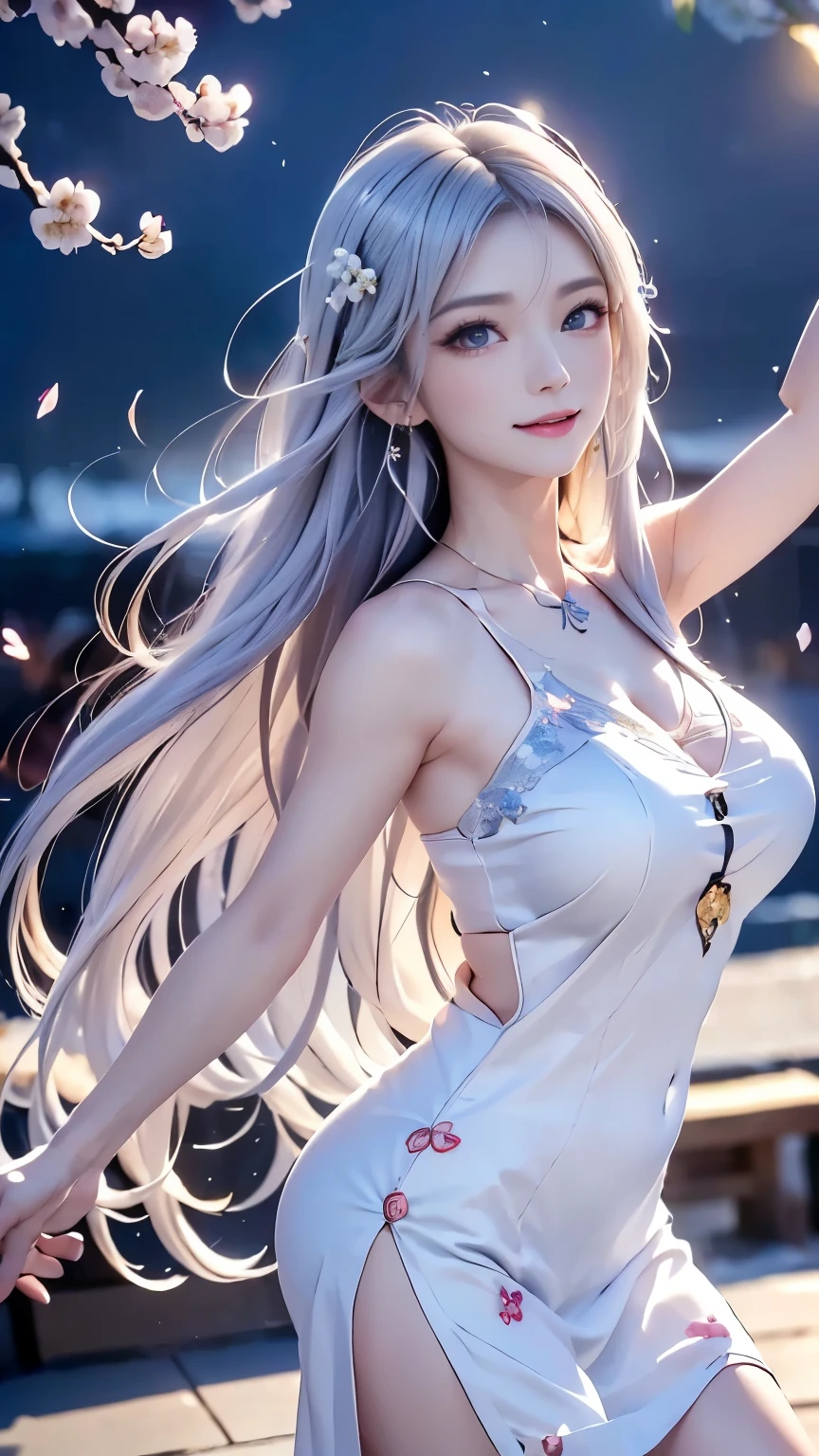 ((logo、masterpiece、8K、table top、RAW photo、wonderful、最high quality、フォトリアリスティックでvery detailedな CG 統合 8k 壁紙、high quality、very detailed、narrative poem、particle effects、dynamic effects、Depth of the bounds written、cinematic light、Lens flare、ray tracing、table top、realistic:1.4、超A high resolution:1.2、realistic、realistic))、fantasy、anatomically correct、((alone、woman in white long dress、woman dancing gracefully:1.4、woman dancing gracefully:1.4、view viewer、detailed face、silver hair、medium long hair、髪がWindで踊る、hair jump))、white dress、silver earrings、(night、Wind、Spectacular view、美しい自然のWind景、絶望的なWind景、ダークfantasy、tundra、dark sky、Cold atmosphere、pink cherry tree、petals dance、SakuraFubuki、Falling petals)