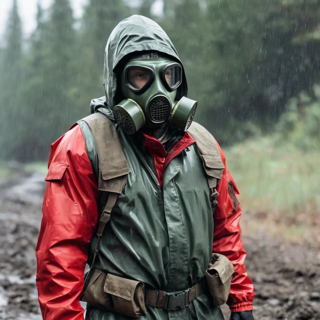 1985 action movie style,  soldier, still, gas mask with red goggles, rain jacket, cargo pants, hoodie over head
