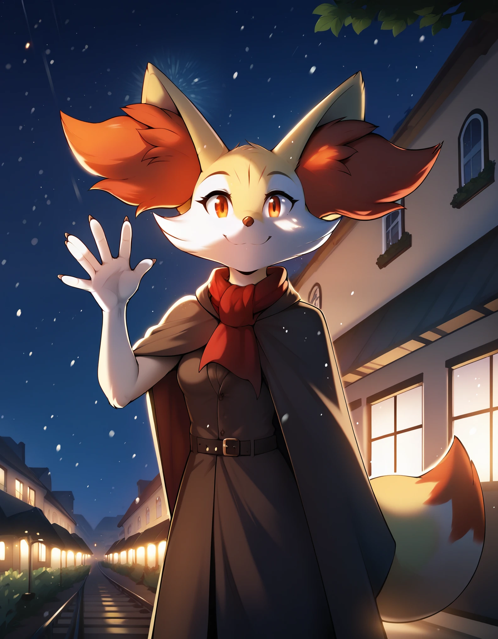 twokinds, tkstyle,, score_9, score_8_up, score_7_up, anthro (fennekin:1.25), red scarf, detective cloak, standing, smile, waving at viewer (three-quarter portrait), three-quarter view, close-up, BREAK, london train station, night, glowing, plant, snowing, detailed detailed background, depth of field, ambient silhouette, backlighting, masterpiece, best quality, light, solo