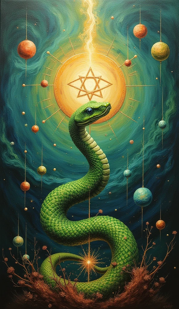 A surreal, symbolic oil painting on linen with mixed media elements, titled 'Alchemical Apotheosis'. Explore the transformative processes of alchemy and spiritual enlightenment, with a green snake as the central figure. Render the hyperrealistic snake emerging from a swirling, ethereal background of alchemical symbols and mystical imagery.