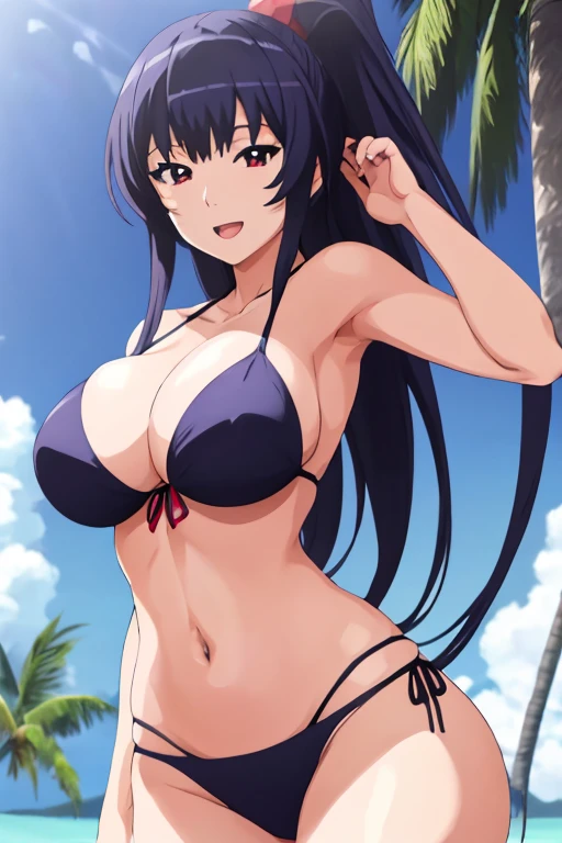 Higashide kei ((the highest quality, High resolution, Masterpiece, the highest quality)), 1 girl, anime girl, beautiful woman, by the wide, by black, big breasts, red eyes, smile, happy, open mouth ((sexy body, slim body)) ((standing, Front pose, Showing her breasts)) pose sexy, white bra, bikini blanco, Background of a beach with palm trees 