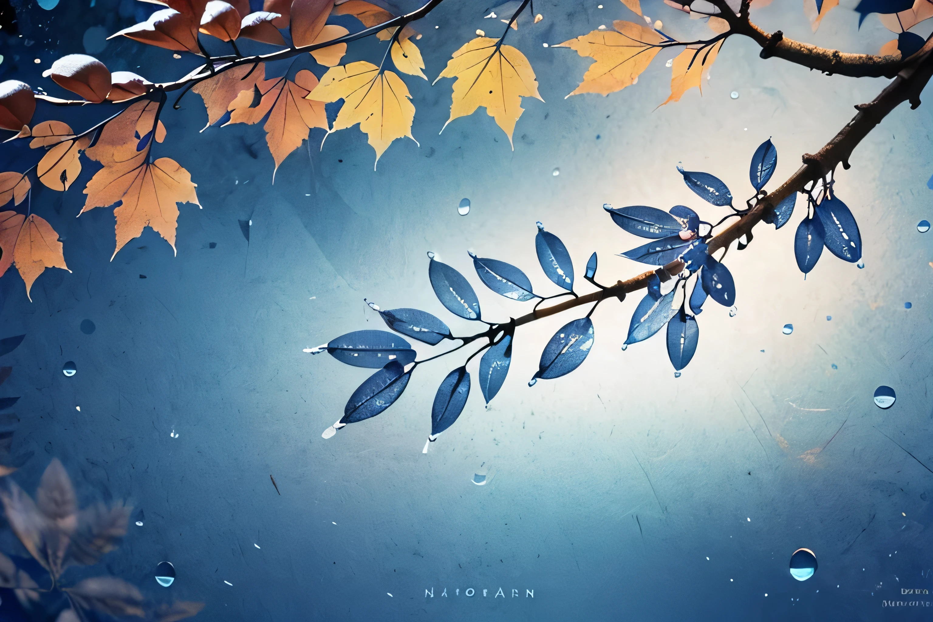 cold autumn twillight，waterdrops condensed on  tree branch，close-up，blue background