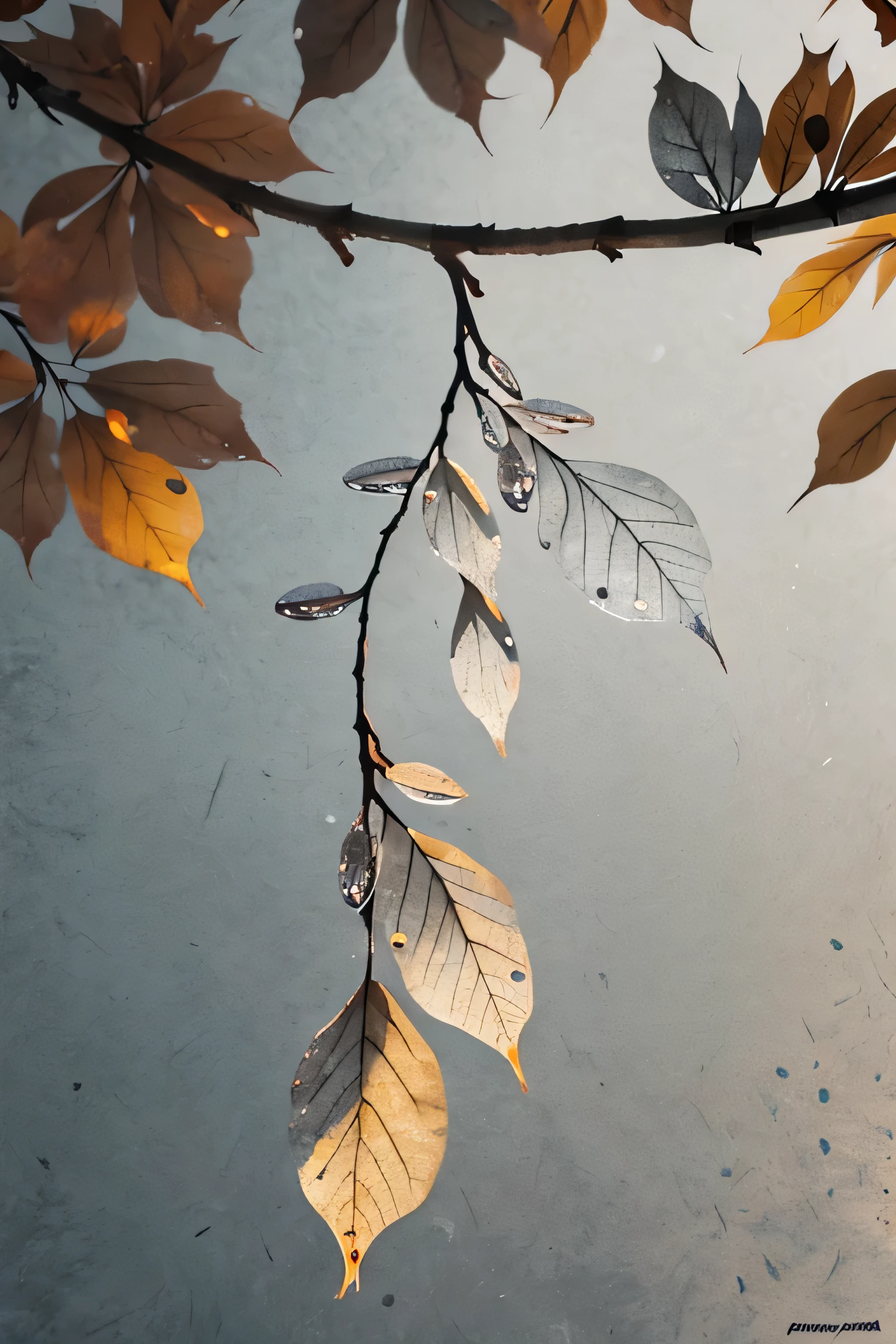 cold autumn twillight，waterdrops condensed on tree branch，close-up，grey background