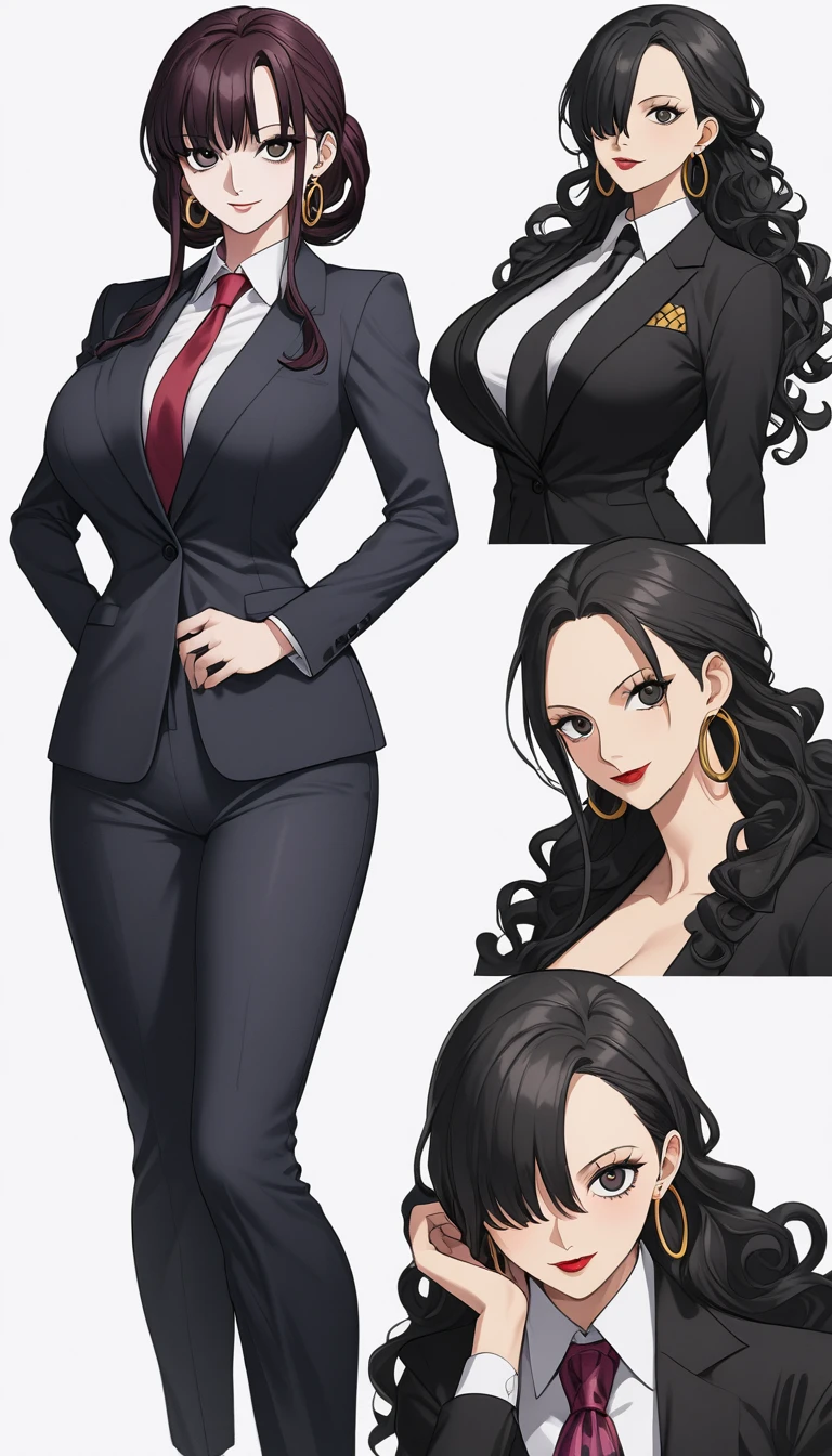 (character portrait), (((one piece))), business pants suit, (black skin tight office suits), pants suit, white collared shirt, red necktie, 2, a beautiful woman, very tall woman with great style, female mafia-boss, perfect big breasts, perfect big breasts, plump ass, slender body, (((1girl))), (((solo))), long curly hair, black hair, black pupils, hair over one eye, perfect hands, perfect face, perfect eyes, perfect body, perfect legs, red lips, smile, red shiny pumps, (front view), (standing), (kafka), beautiful legs, (white plain background), hair over one eye, black hair, hoop earrings, ,suit, pants, necktie, onepiecestyle,black eyes, black hair, hoop earrings, long hair