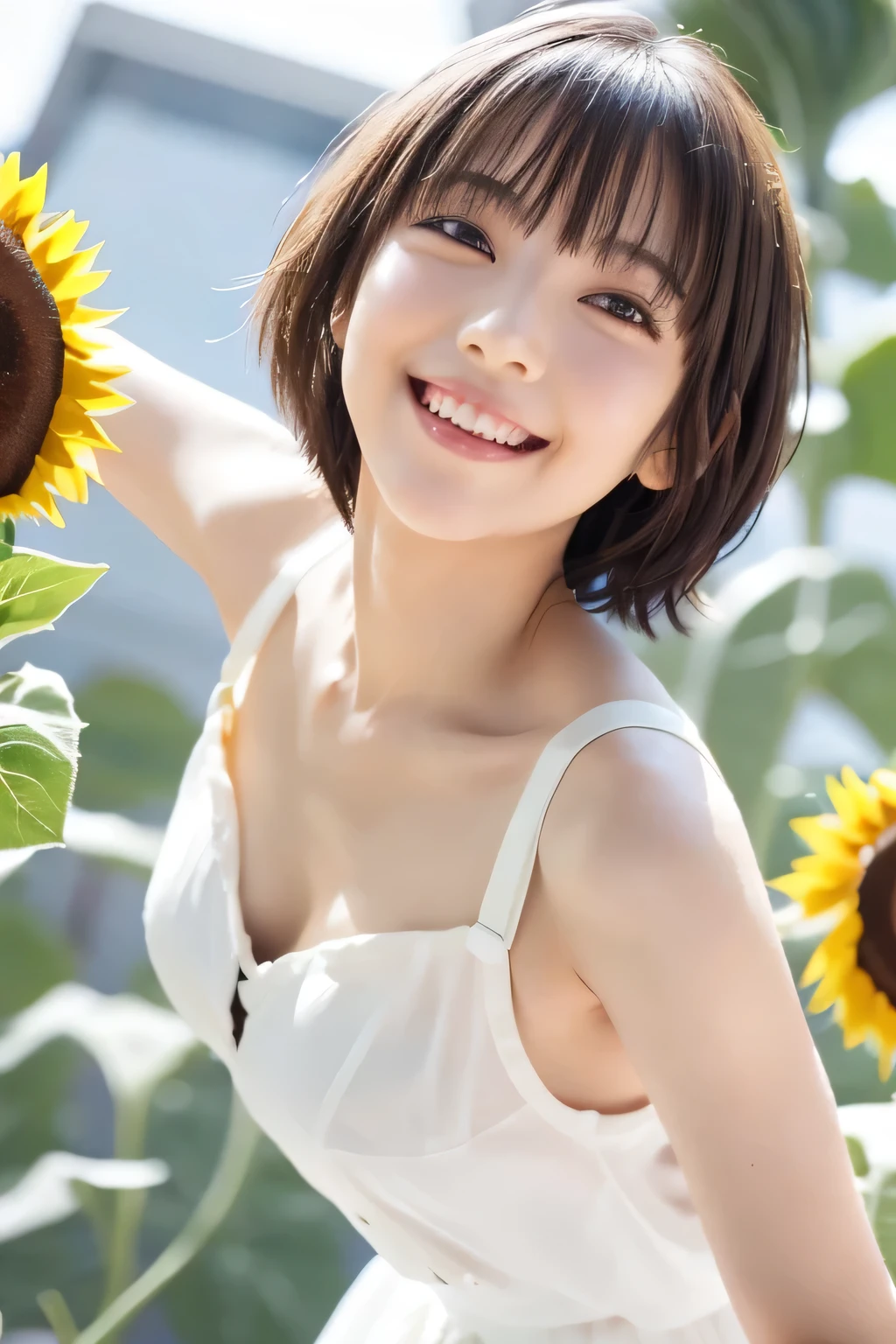quality、masterpiece、超高分辨率、(真实感:1.4)、RAW photogr、(authentic skin texture:1.3)、(Film Particle:1.anorama Figureigure portrait、super wide shot、Thin waist、closeup cleavage、bokeh effect、water pipe、A smile、1 girl in、beautiful detailed eyes and face、with brown eye、Under the blue sky、Eyes on the audience、B cup small tits、evening light、Sunset sky、sparkles in the background、frontage、this kiss、Shy Laughter、short  cut、short detailed hair、sunflower fields、Sunflower earrings、Sunflower flowers on background、