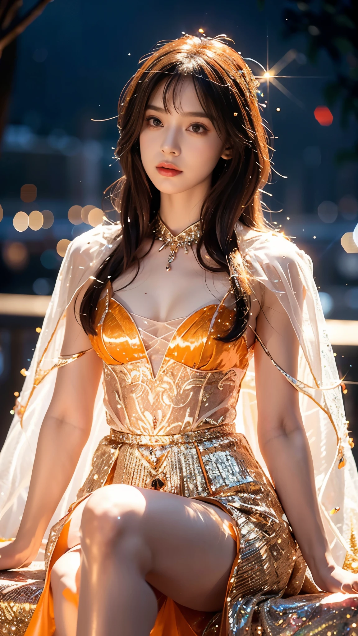 Beautiful Girl, Korean makeup, Red lips, Platinum hair, medium body, big breasts, thigh, Chinese fairy costume, Antique, sexy outfits, Mid-Autumn Festival decoration, moon background mode.