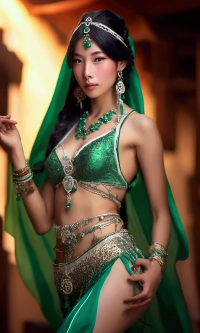 photorealistic, best quality, (hyper detailed: 1.4), (((dancing:1.3))), long distance shot, great body, photosession, green eyes, dark black hair, Detailed eyes, ((wearing:1.5)). beautiful young asian woman, (Highly detailed face:1.4), smile, exuding a natural glow, soft lightning, morning time, beautiful view, jaw-dropping beauty, sexy, seductive, vivid colors
