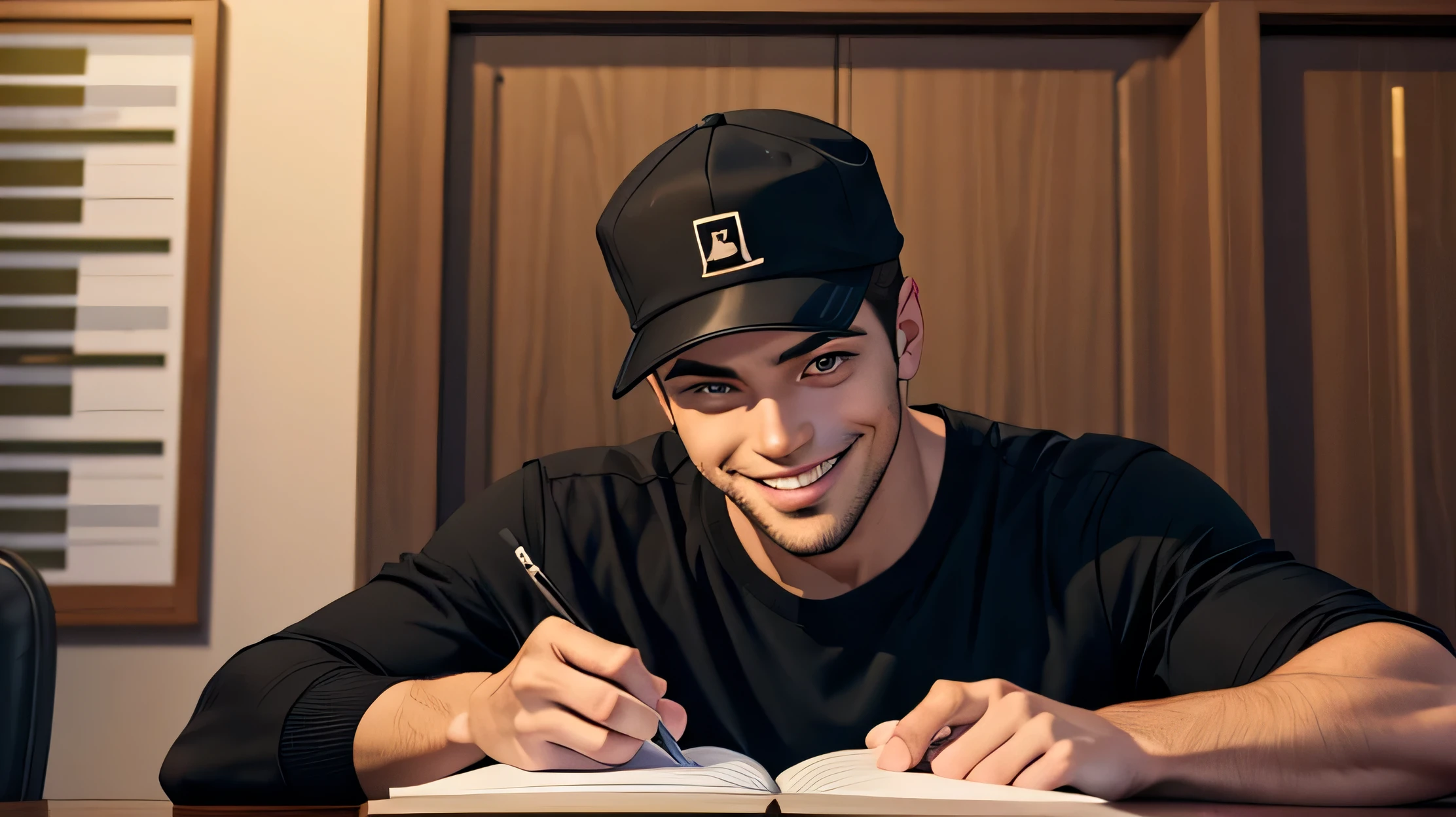 a young adult male, with a black brimmed cap using a notebook, he is smiling and looking at the camera