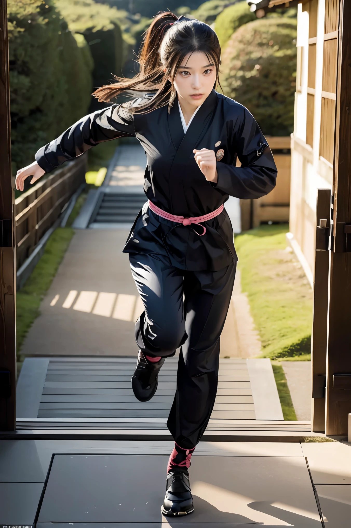 (masterpiece, Extremely realistic, photo-realism, Extremely precise in every detail:1.1), (Kunoichi:1.2), running a way from enemy, 1, Straight Hair, (Beautiful attention to detail:1.2), Slender, Full body image, on the Edo castle