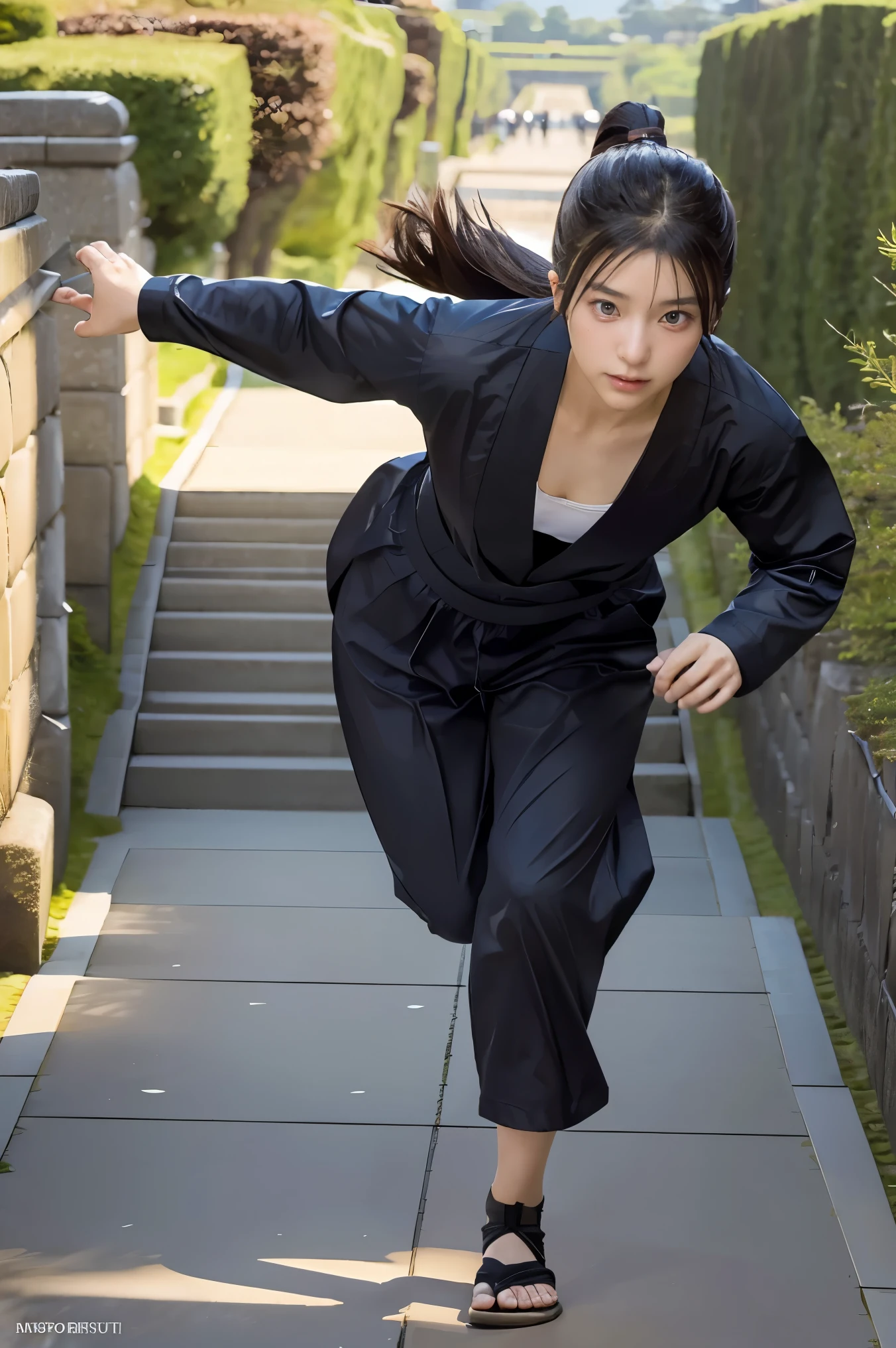 (masterpiece, Extremely realistic, photo-realism, Extremely precise in every detail:1.1), (Kunoichi:1.2), running a way from enemy, 1, Straight Hair, (Beautiful attention to detail:1.2), Slender, Full body image, on the Edo castle