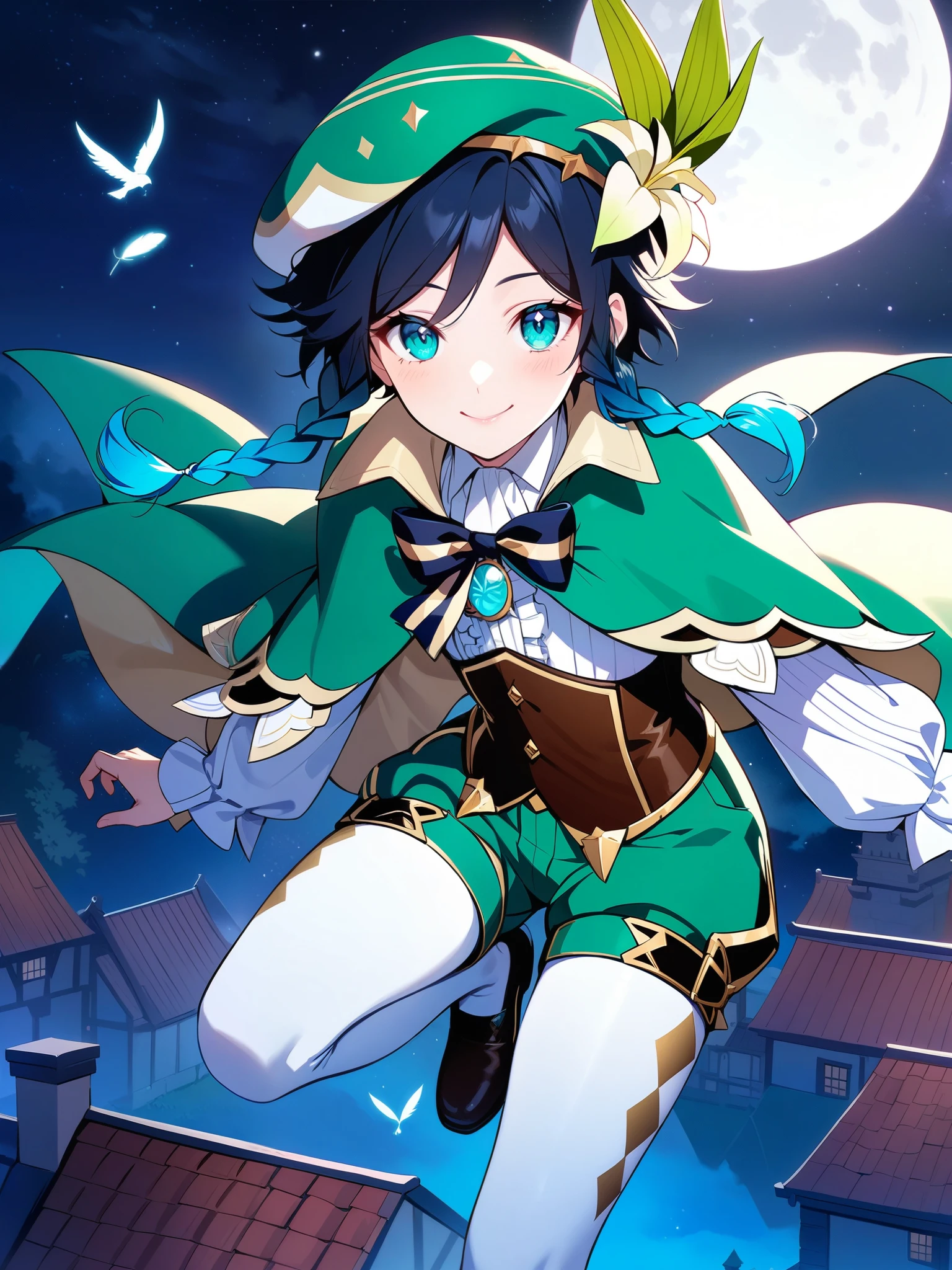 (best quality,4k,8k,highres,masterpiece:1.2),1boy,venti_\(genshin_impact\),flying above rooftops in a fantasy german city,mondstadt,(face focus,detailed face and clear eyes),flat chest,realistic:.5,night time,ladyshadow,bluegreen eyes,mysterious smile,green cape,white long sleeved shirt,leather corset,(puffy green shorts),(plain white tights),green hat, dark night scene, starry sky with nebula,dark,low light,deep blue lighting,darkness,very dark,no artificial light, dutch angle,((dark blue night)),floating,flight,he leaves a glittering trail of bluegreen feathers and dandelion seeds beneath him,swirling wind magic,graceful dynamic pose,mischief,wink,full body