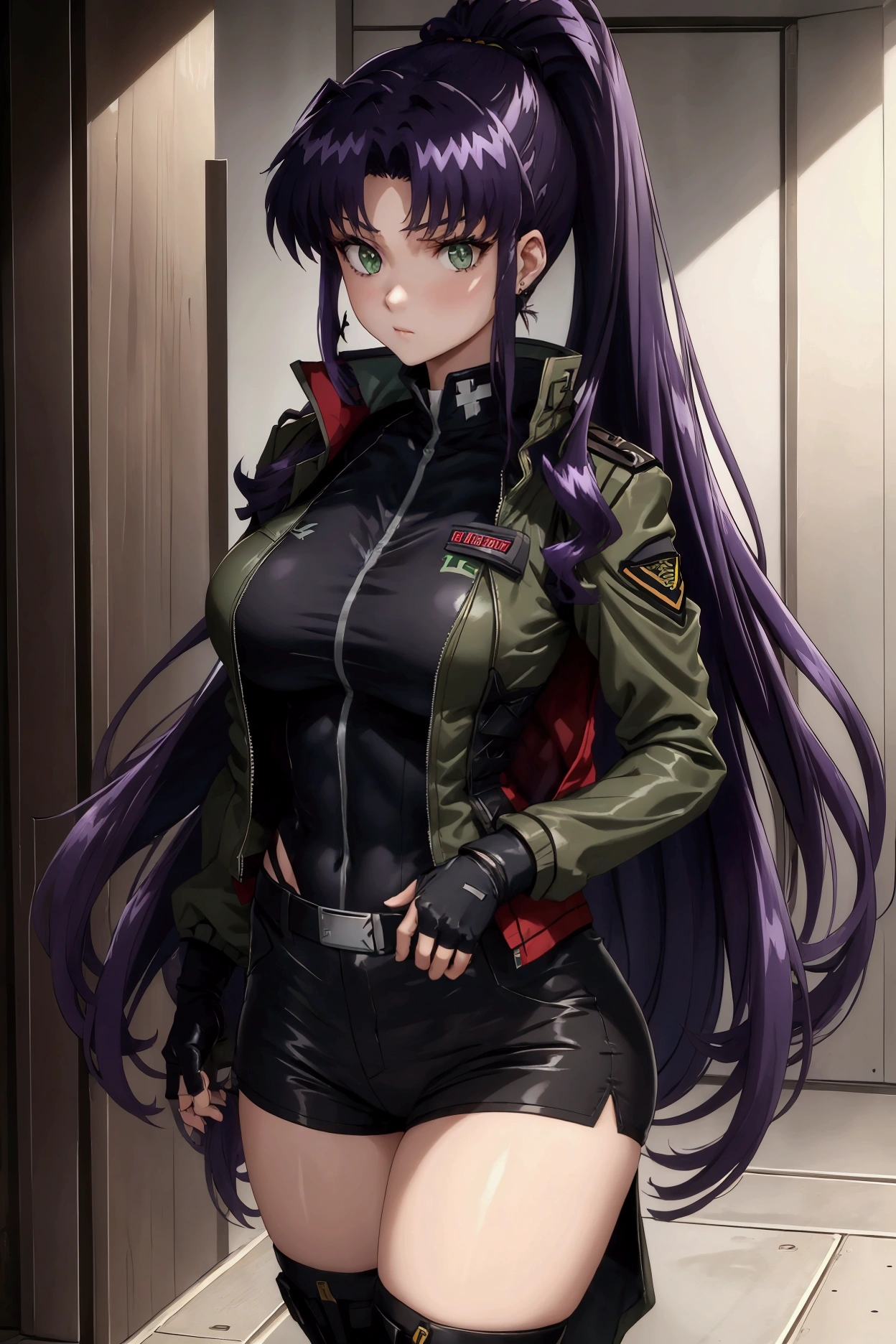 4k, HDR, full HD, Masterpiece, 1girl, (purple hair), perfect anatomy, full body, Military green short-sleeved combat jacket, with a tight-fitting design. The jacket usually has a collar, it carries insignia that reinforce its military appearance on the sleeves. The jacket is a top type, revealing her abdomen and waist. It has two pockets on the chest. The sleeves have white doubles. Combat shorts, military green, have multiple pockets and are usually tight to the body to facilitate movement, they have white doubles on the legs. He wears black military boots, which are sturdy. Wear tight-fitting black gloves. She wears silver triangle-shaped earrings. Her hair has bangs that do not cover her eyes, and some strands that fall towards her neck, framing her face, and she also wears a high ponytail. all outfit its in military green