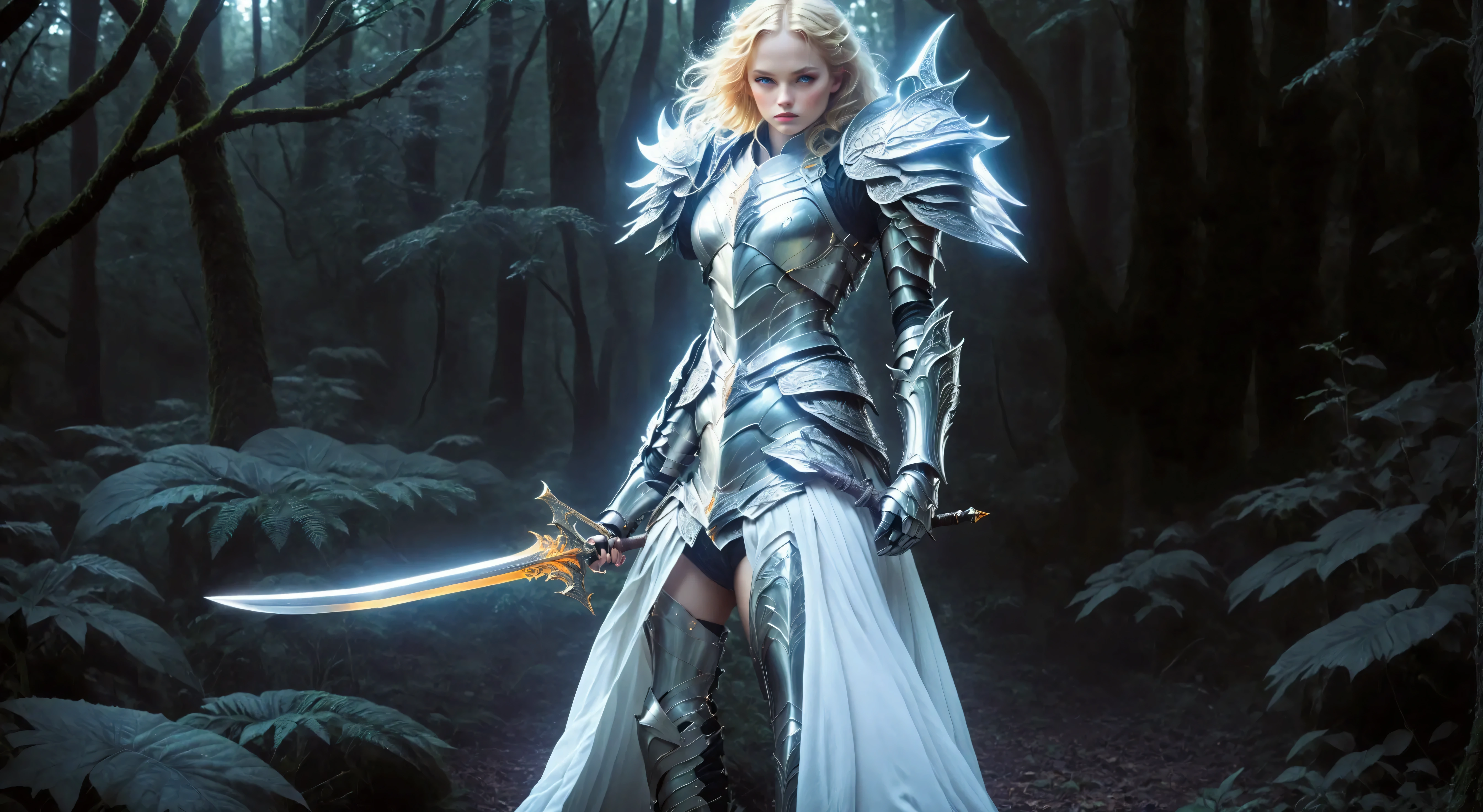 blond woman in armor holding a sword in a dark forest, beautiful female knight, of a beautiful female knight, fantasy paladin woman, girl in knight armor, gorgeous female paladin, female knight, dressed in light armor, epic fantasy art style hd, fantasy warrior, angel knight gothic girl, with sleek silver armor, armor girl, fantasy knight, angel knight girl