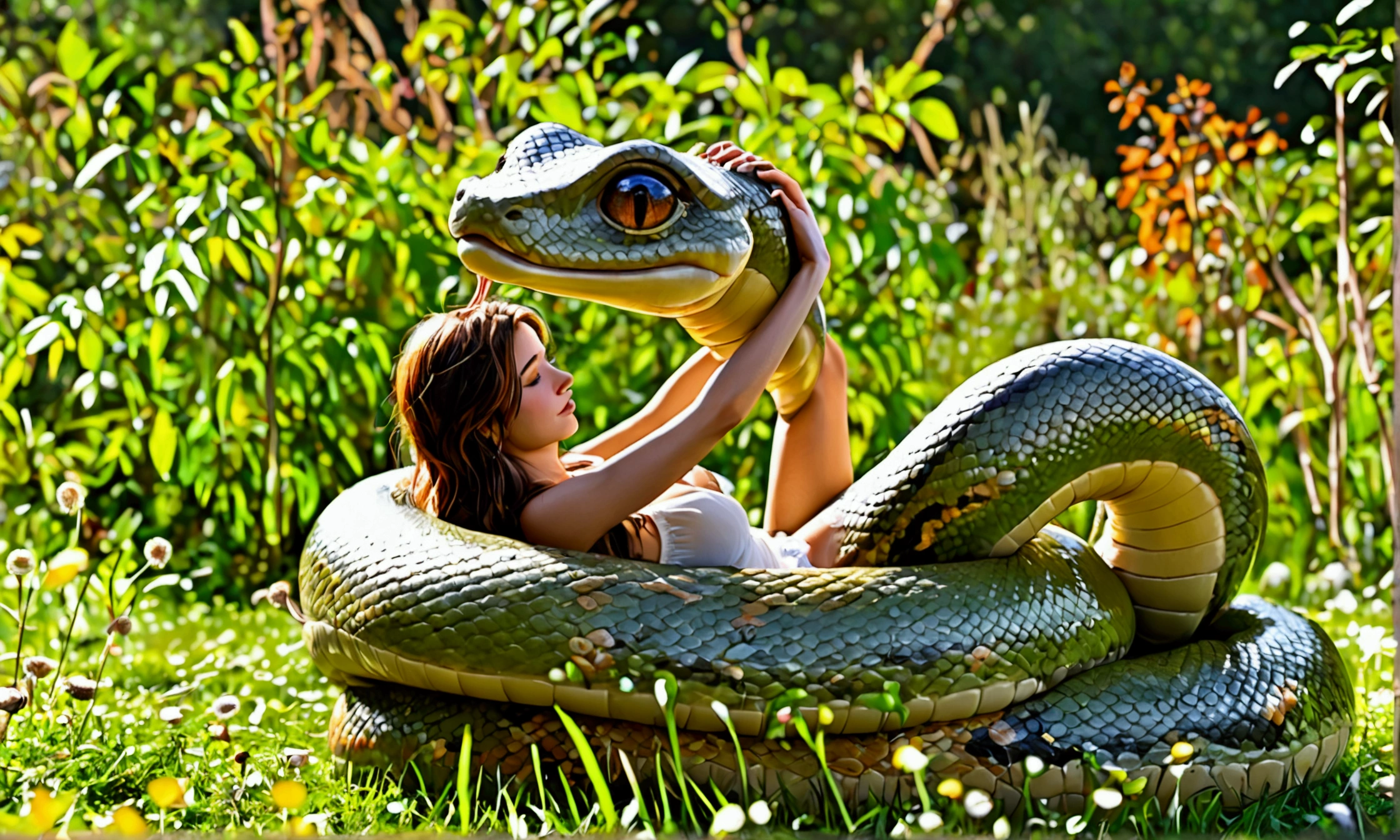 A tiny green snake is hunting a snail, the snake is curled around the stem leaning in to strike the snail which is absently crawling along a leaf, feminize scene, lesbian nature, vore
