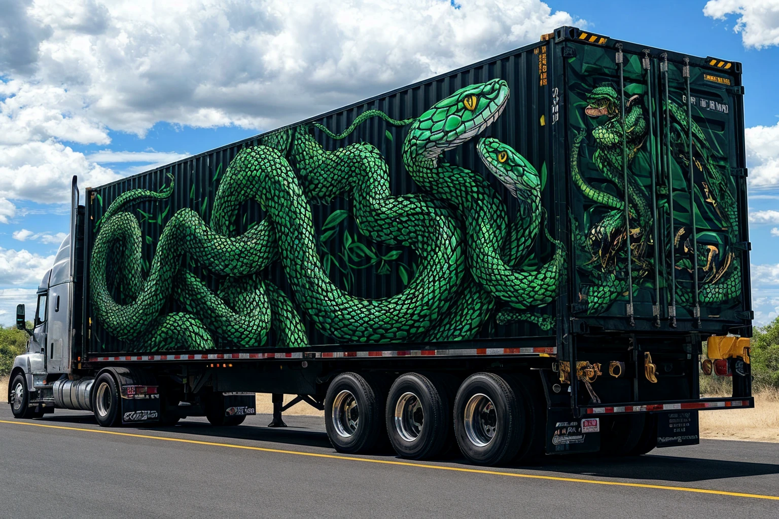 a massive 18-wheeler truck, huge detailed container, cool green snake decals, extremely detailed, photorealistic, dramatic lighting, cinematic composition, epic scale, hyperrealistic, 8k, best quality