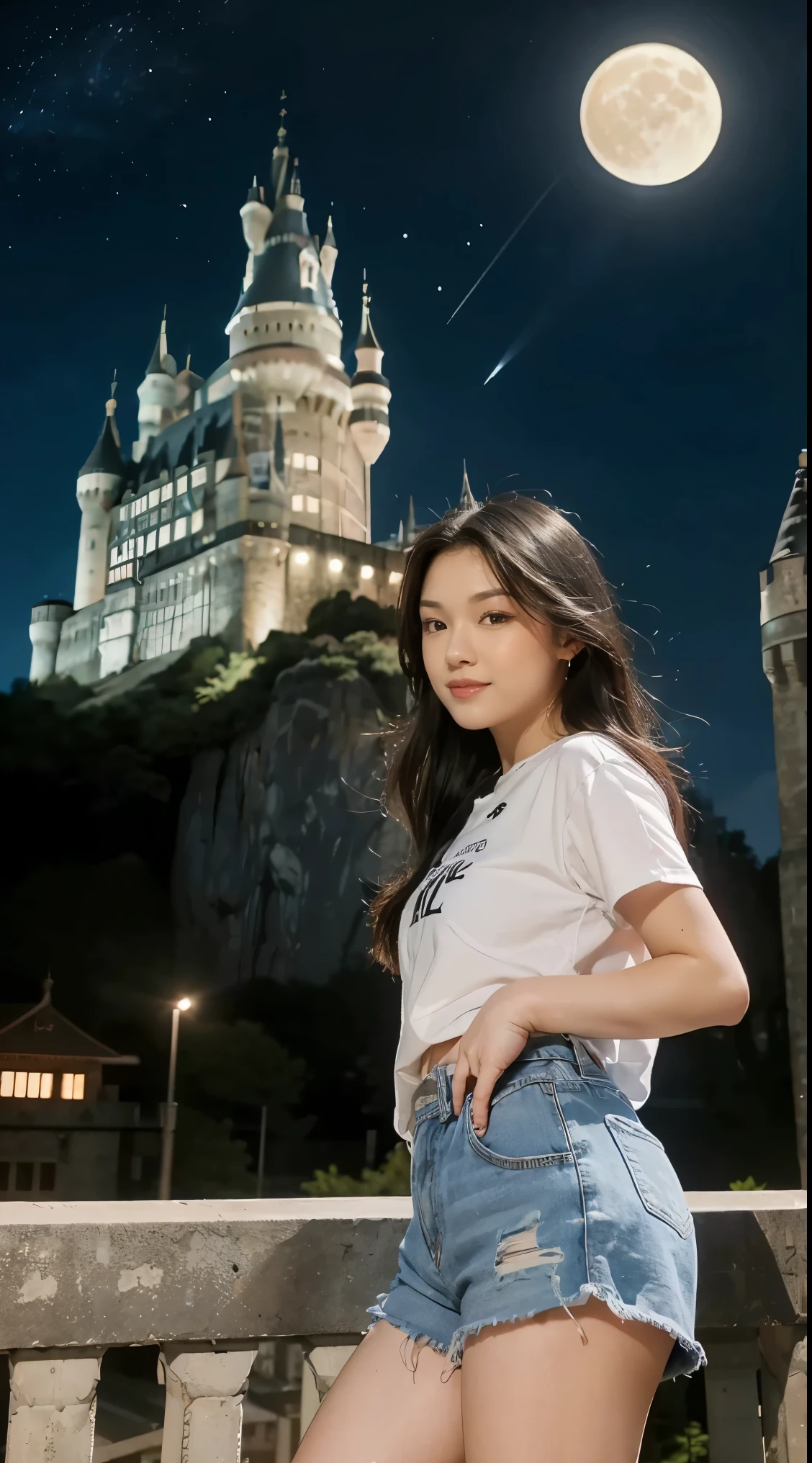 Highly detailed, High Quality, Masterpiece, beautiful, 1girl, solo, black hair, long hair, red eyes, shirt, white shirt, shorts, short shorts, black shorts, cloud, moon, Hogwarts, (castle hill:1.4), night sky, stand on street, shooting star, (strong pose:1.4), looking at viewer, seductive smile, cowboy shot,